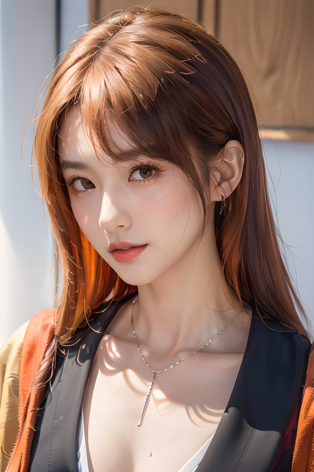 1girl,matsumoto rangiku,solo,portrait,long hair,jewelry,orange hair,necklace,looking at viewer,japanese clothes,mole,mole under mouth,brown eyes,lips,kimono,(Best quality,Masterpiece,Highly detailed,Ultra-fine painting,Extreme detail description,Professional,Vivid colors,Photography,8K),delicate skin,(blush:0.5),<lora:20250407-1744008667284:0.6>,