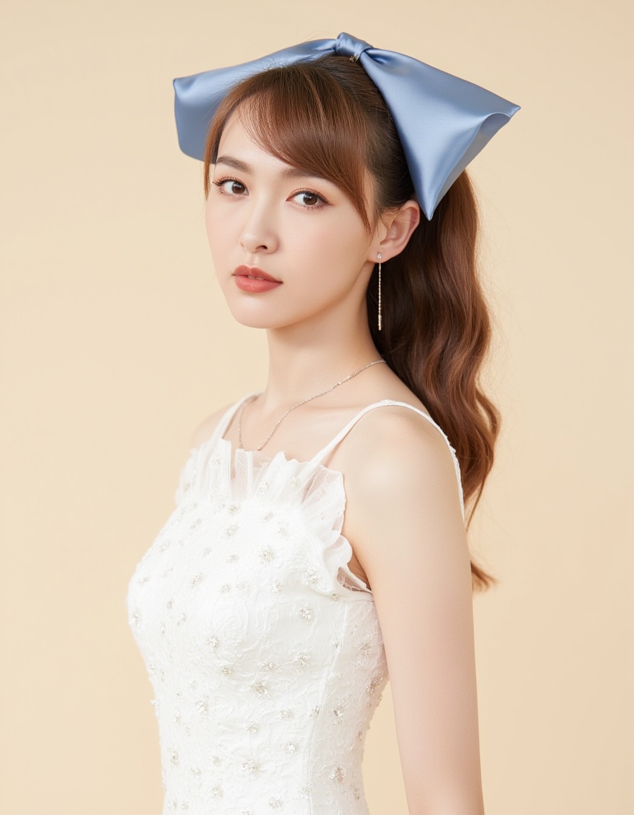 A photograph features a young Asian woman with fair skin and a slender build. She has wavy, light brown hair adorned with a large, satin blue bow. Her makeup is subtle, with a natural look. She wears a white, sleeveless, textured dress with delicate floral patterns. Her expression is calm and serene as she gazes slightly to the side. The background is a plain, light beige, ensuring the focus remains on her. The image has a soft, dreamy quality, emphasizing elegance and innocence.