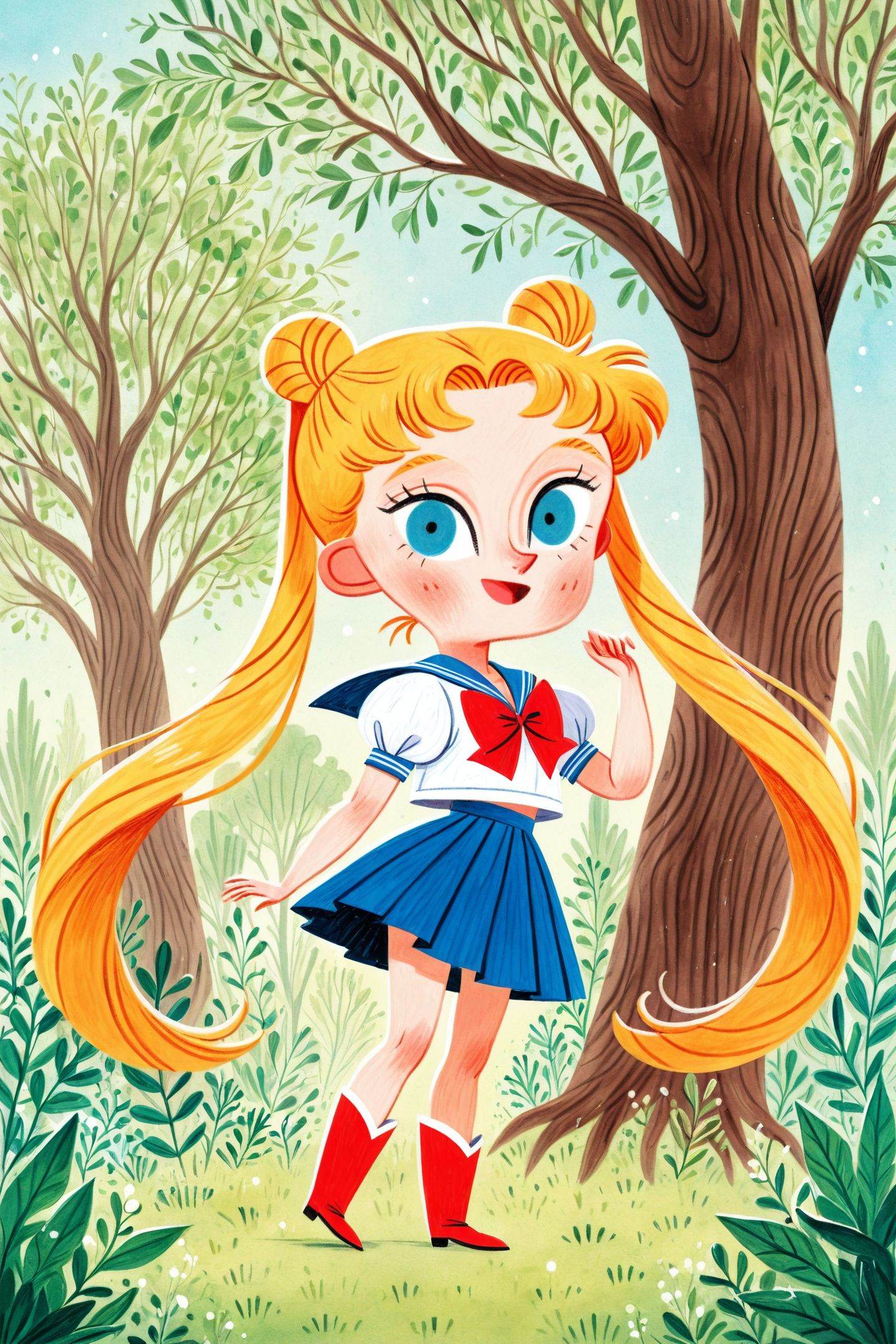 David SierrDavid Sierra Liston Style,tsukino usagi,long hair,1girl,solo,skirt,twintails,blonde hair,pleated skirt,blue eyes,school uniform,blue skirt,blue sailor collar,open mouth,short sleeves,very long hair,smile,red bow,looking at viewer,serafuku,puffy sleeves,puffy short sleeves,:d,traditional media,tree,no hairornament,hand up,full body,boots,chibi,<lora:David Sierra Liston_illustriousXL:1>,