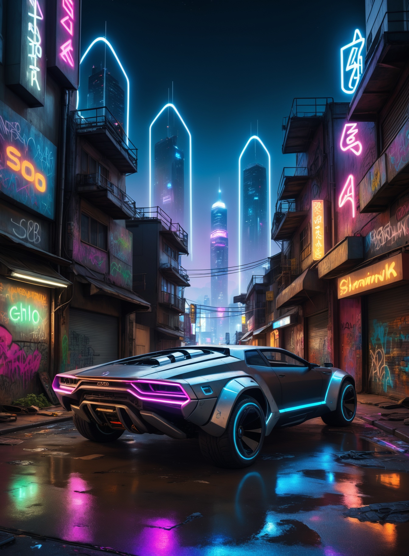 (old cyberpunk mage),  futuristic cityscape at night. The sky is full of flying cars and drones,  with neon lights illumin...