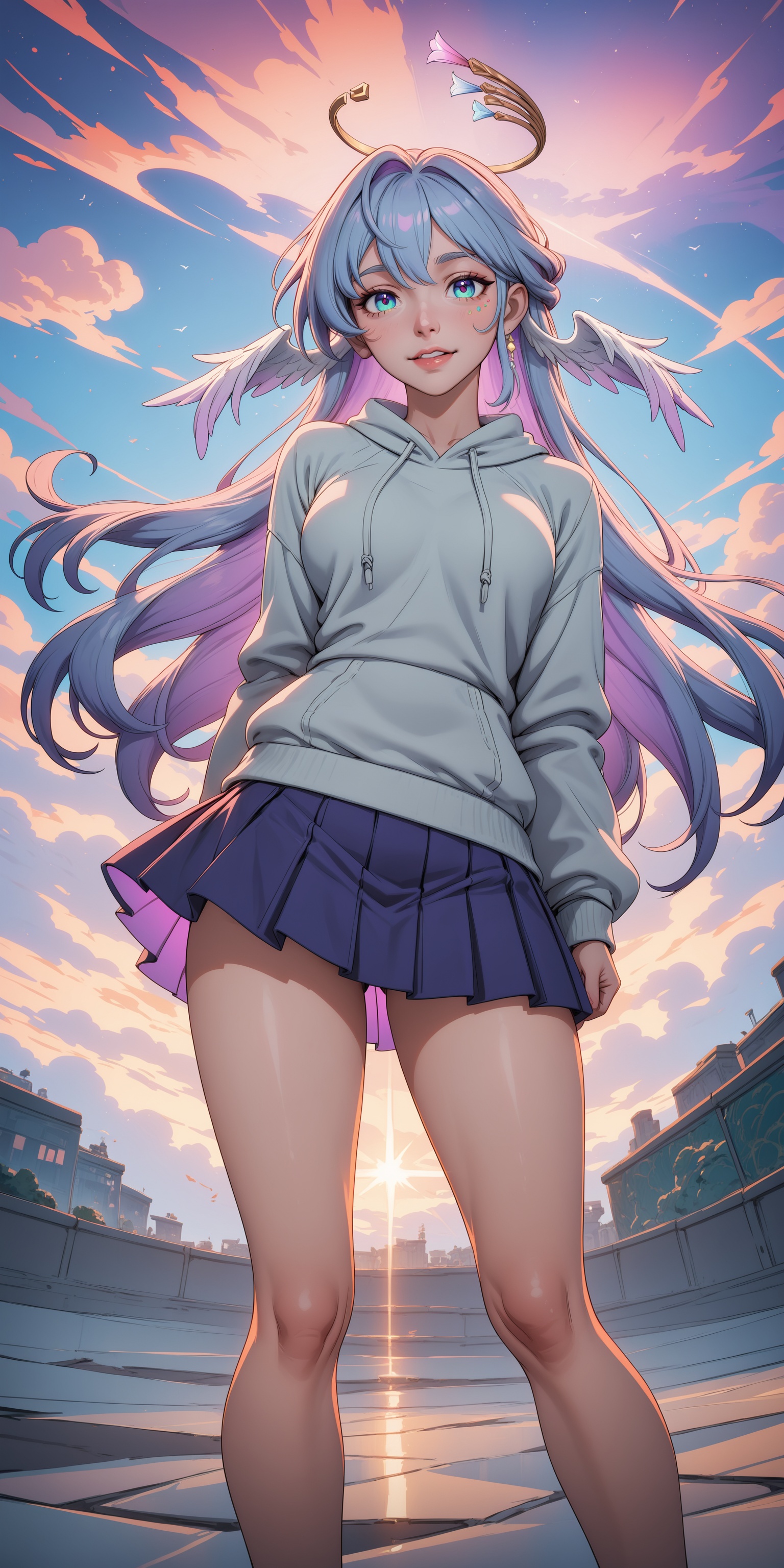 long shot scenic professional photograph of (illustration:1.1),.,.,.,.,1girl,robin \(honkai: star rail\),pleated skirt,sweatshirt,looking at viewer,, very awa, masterpiece, best quality, highres, absurdres,, perfect viewpoint, highly detailed, wide-angle lens, hyper realistic, with dramatic sky, polarizing filter, natural lighting, vivid colors, everything in sharp focus, HDR, UHD, 64K