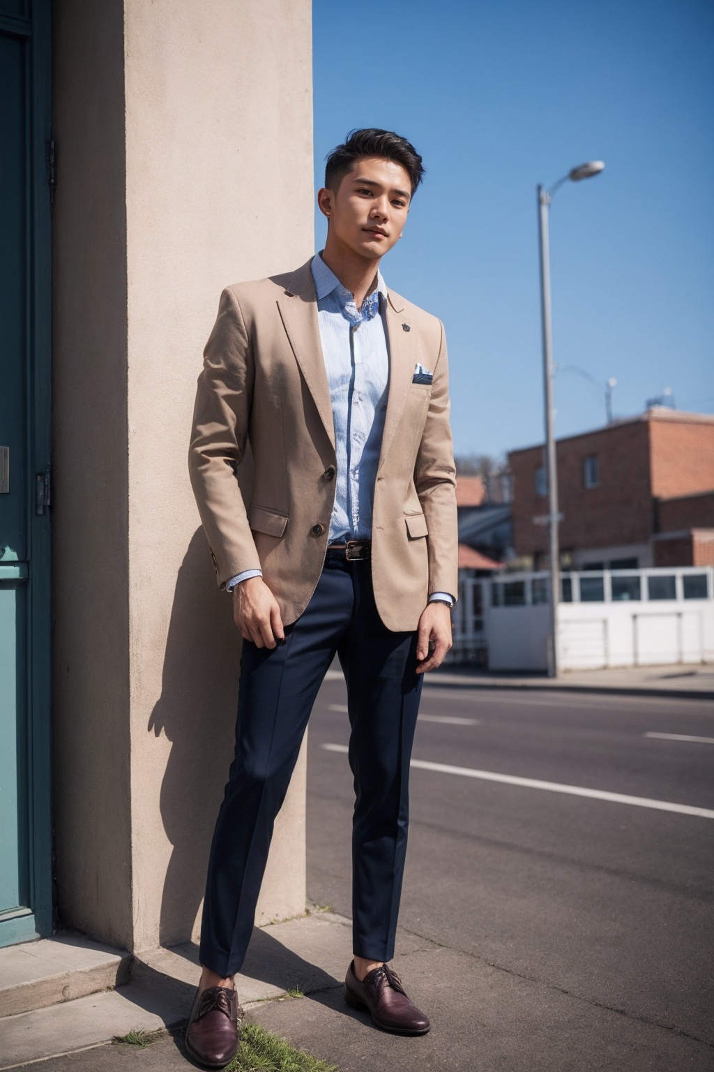 (1man:1.4),(male:1.2),(full body:1.2),(Collared shirt and blazer and suit trousers:1.4),<lora:AsianMan_5:0.8>,