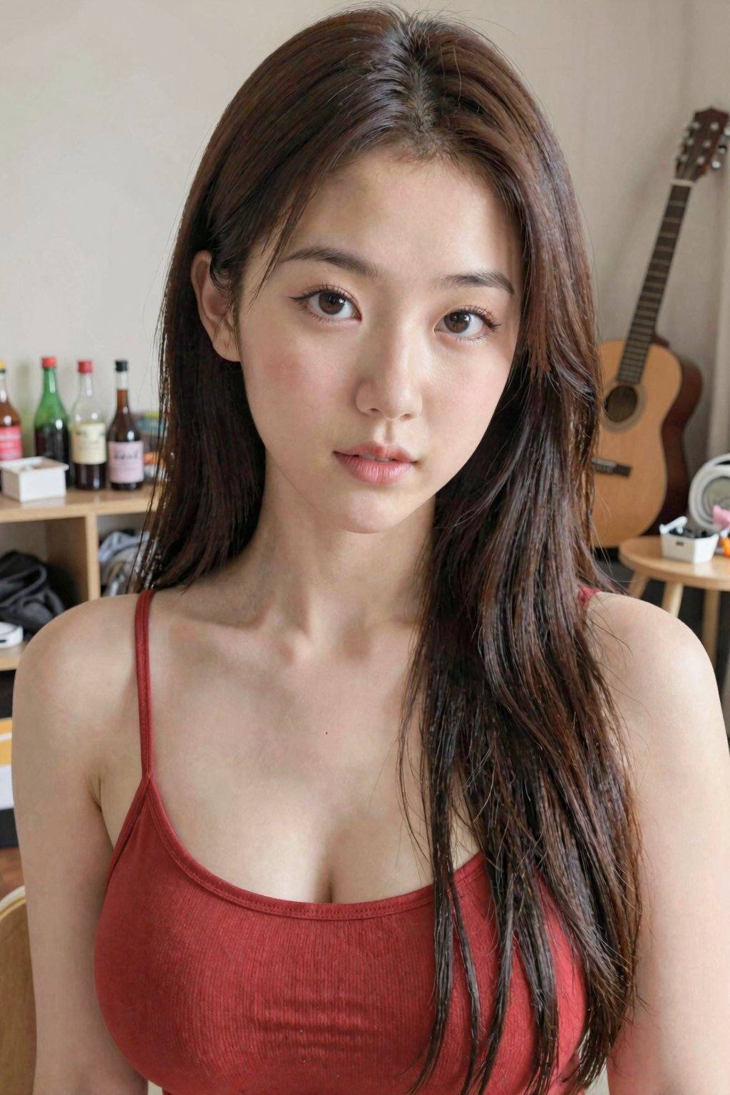 Photograph of a young Asian woman with fair skin, long straight brown hair, and a petite frame. She is wearing a red spaghetti strap top, revealing her shoulders. Her expression is neutral, with slightly parted lips and a subtle gaze. The background shows a cluttered room with various items, including bottles, a guitar, and a small table, suggesting a casual, lived-in space.