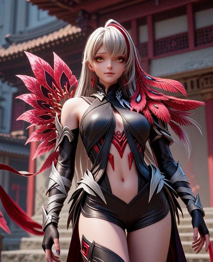 (oriental architecture, elegant decor, sophisticated style:1.1),(With a subtle bite of her lower lip and a lingering gaze, she captures the essence of tantalizing temptation:1.1),(large breasts:1.2),<lora:XL16王者荣耀景影东君:0.95>,miss ying,black leather combat attire,yellow eyes,white hair,very long hair,hair ornament,single earring,fingerless gloves,feathers,asymmetrical legwear,jewelry,sash,, score_9,score_8_up,score_7_up,score_6_up,score_5_up,score_4_up,3d rendering,tag1,tag2, Cinematic Lighting,backlighting,, zPDXL3, zPDXL2,zPDXL, zPDXLxxx, zPDXLrl,