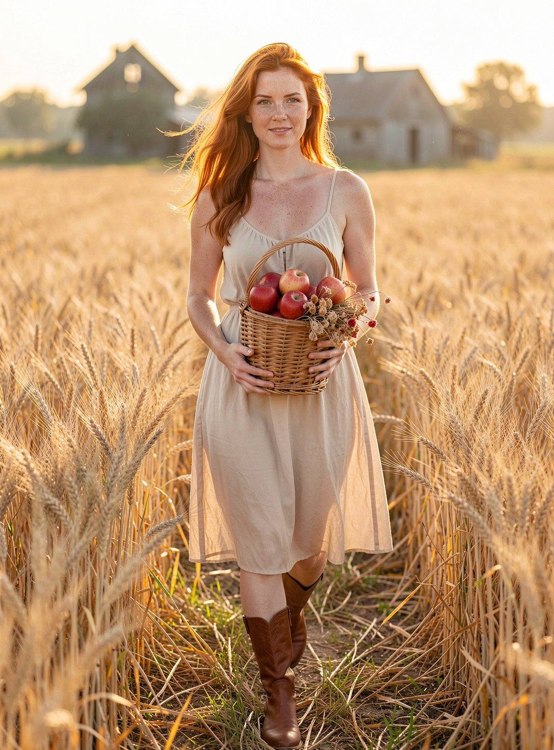 A copper-haired woman walks in a field of golden wheat during the golden hour. He wears a light summer dress and brown lea...