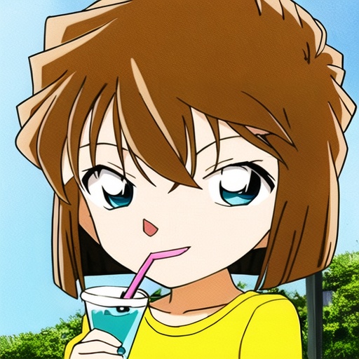 1girl,solo,brown hair,short hair,blue eyes,drinking straw,bangs,looking at viewer,shirt,smile,full_shot,<lora:huiiyuan0.02:1>,