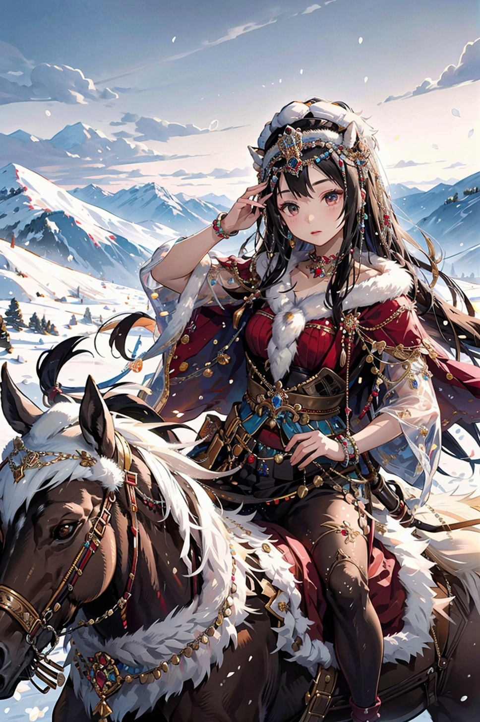 masterpiece,best quality,1girl,jewelry,traditional fur hat,<lora:PDLX_部落公主:1>,A horse riding scene with a princess leading a herd of horses across the vast Mongolian steppe,
