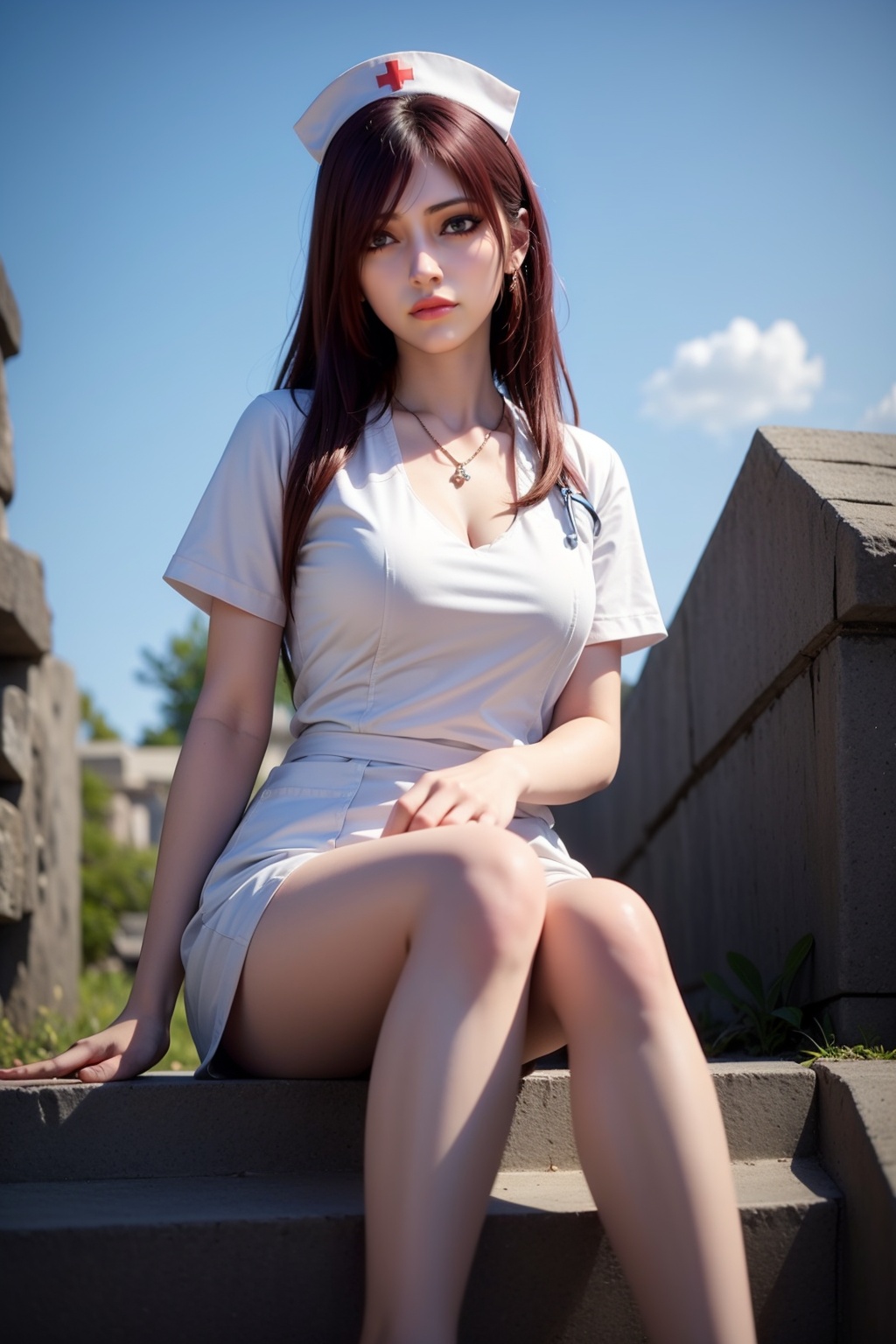ultra realistic 8k cg,picture-perfect face,perfect face,beautiful face,masterpiece,fantasy,detailed background,realistic,1girl,solo,long hair,sky,outdoors,(thin legs),sitting,((nurse)),<lora:photo:0.65>,