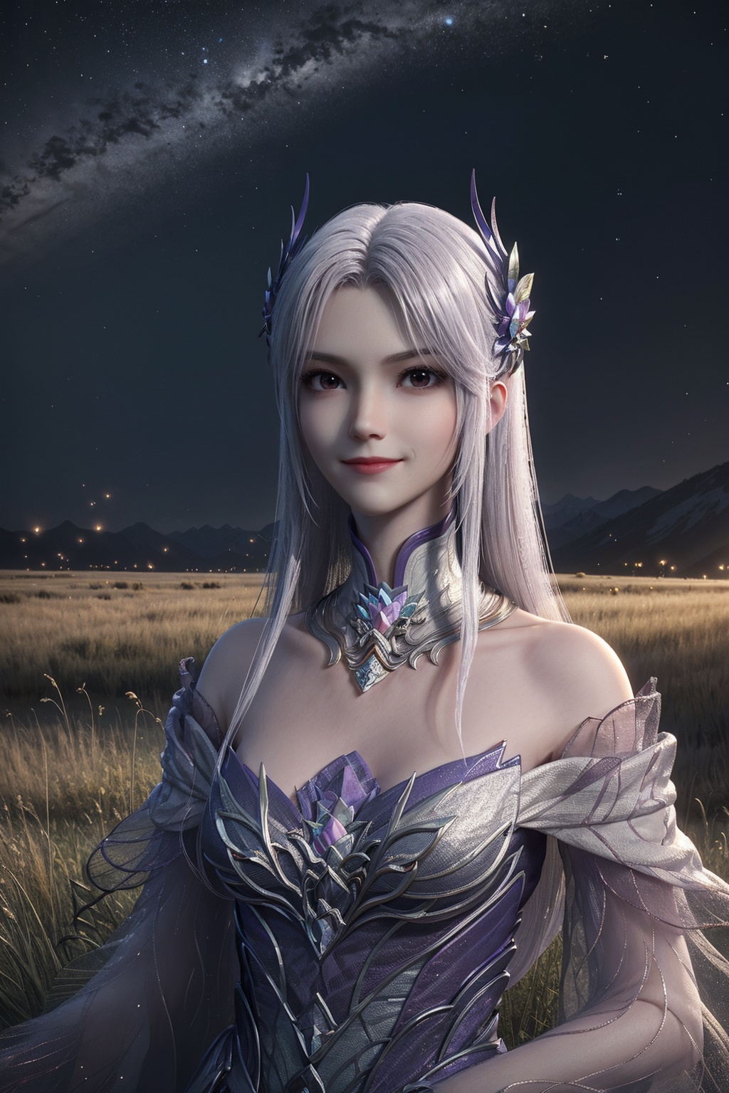 1girl,solo,long hair,closed mouth,smile,(hair ornament),choker,jewelry,dress,arms at sides,(looking at viewer),outdoors,((night)),star \(sky\),((tianshan mountain,hulunbuir prairie,grass,landscape)),((sparkle,shiny,fireflies, romance style)),(upper body),3d,game cg,Highly detailed,(best quality:1.5,masterpiece:1.5),<lora:xiaoyixian:0.8>,