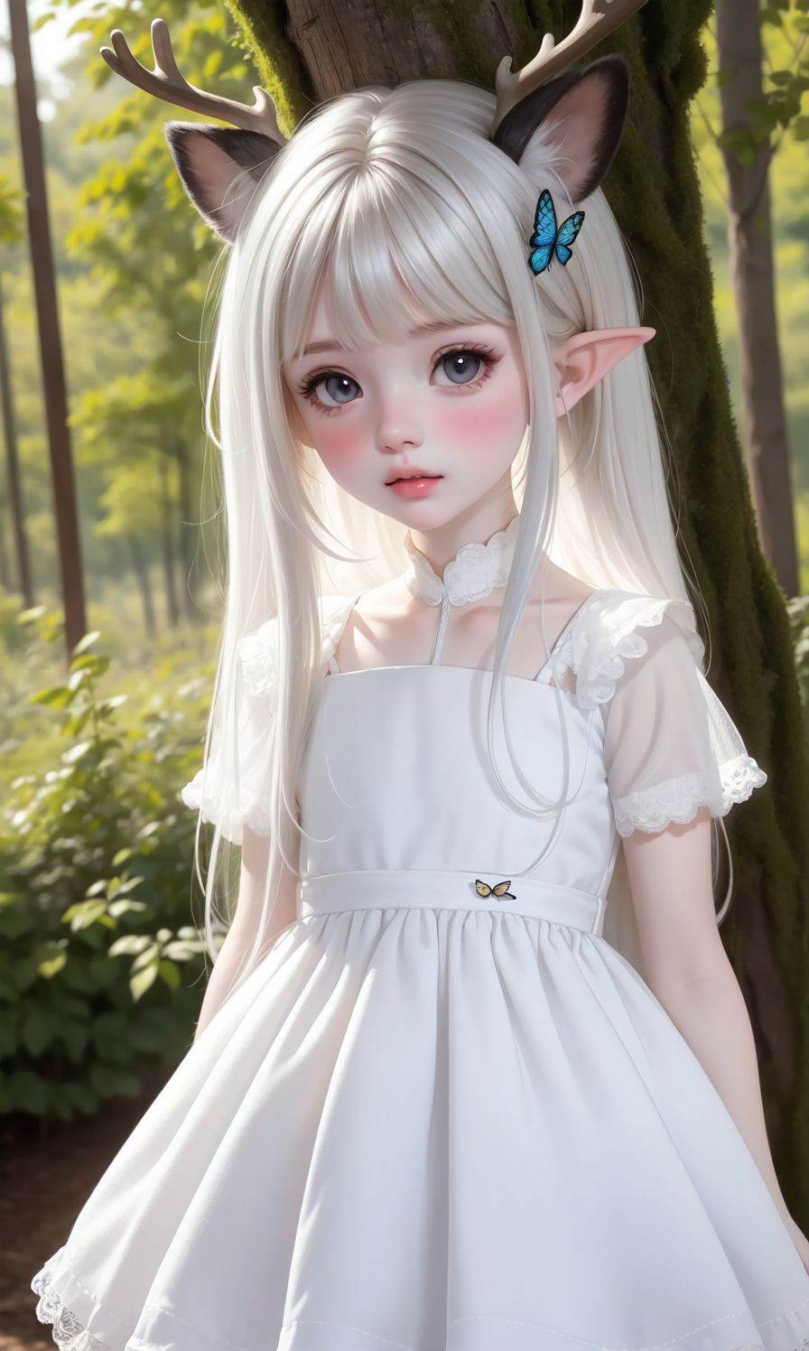 (Masterpiece:1.2), (best quality:1.2), (ultra high resolution:1.2), 1girl, solo, bug, butterfly, pointy ears, outdoors, dress, blush, long hair, looking at viewer, white dress, day, blurry, blurry background, antlers, long sleeves, bangs, depth of field, nature, parted lips, deer ears, white hair, standing, grey eyes, short sleeves, forest, closed mouth, tree, lips, <lora:doll:0.5>