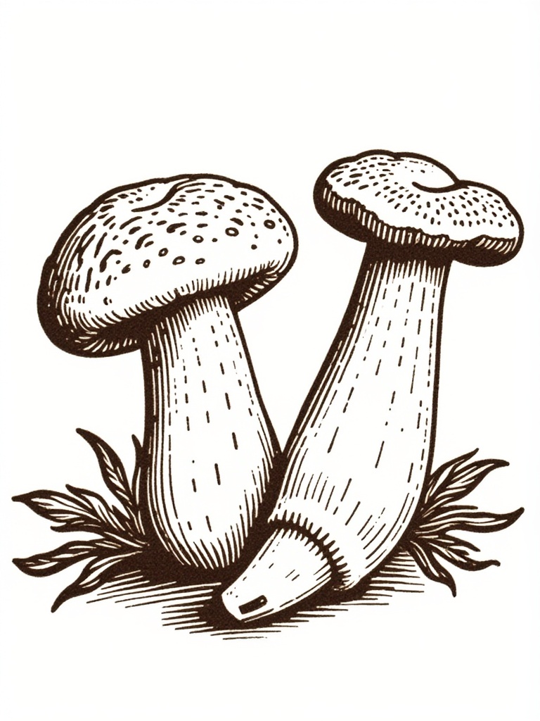 mdhsas,woodcut printing.A black and white, hand-drawn illustration of two Boletus edulis mushrooms with large, round caps and a slightly curved stem. The mushrooms are surrounded by a few green leaves. The background is a plain, light beige color. The illustration has a vintage, engraving style with intricate details and shading.<lora:S-T-版画设计-S1.4:1>