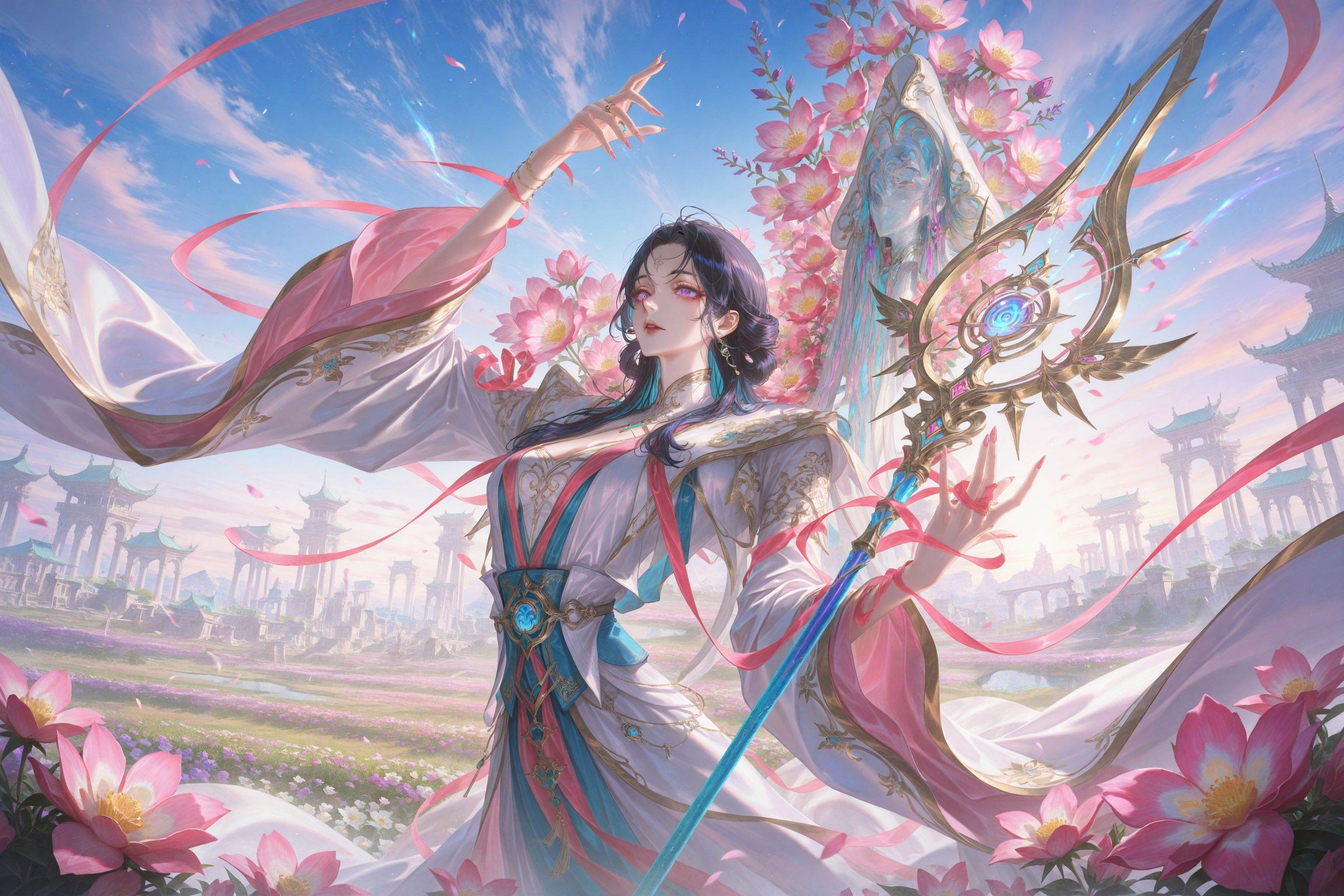 (artist:quasarcake:0.8),extreme aesthetic,(wlop:0.6),honjou honjou raita,lack,rella,wanke,raita,masterpiece,best quality,good quality,newest,year 2024,year 2023,very aesthetic,absurdres,Visual impact,A shot with tension,ultra-high resolution,32K UHD,sharp focus,best-quality,masterpiece,Emotionalization,unconventional supreme masterpiece,masterful details,temperate atmosphere,with a high-end texture,in  the style of fashion photography,(Visual impact:1.2),giving the poster a dynamic and visually striking appearance,impactful picture,offcial art,movie perspective,masterpiece,best quality,amazing quality,very aesthetic,absurdres,best quality,newest,dynamic_angle,cinematic_angle,close-up,face_focus,upper_body,dutch angle,sanguosha,A detailed digital artwork of a young man with medium-length black hair,dressed in an ornate,flowing blue and white robe,holding a glowing staff. He stands amidst a vibrant,ethereal garden filled with blooming pink and purple flowers,surrounded by colorful,swirling ribbons. The background features tall,ancient structures and a dreamy,cloud-filled sky. The art style is anime-inspired with intricate details and a fantastical atmosphere.,<lora:sanguosha-000010:0.35>,<lora:zhongguoduliu-v3-illustrious:0.6>,<lora:L0LSPL4SH_IllustriousXLv01:0.3>,<lora:add-detail-xl:0.6>,<lora:USNR STYLE_XL_loha:0.3>,