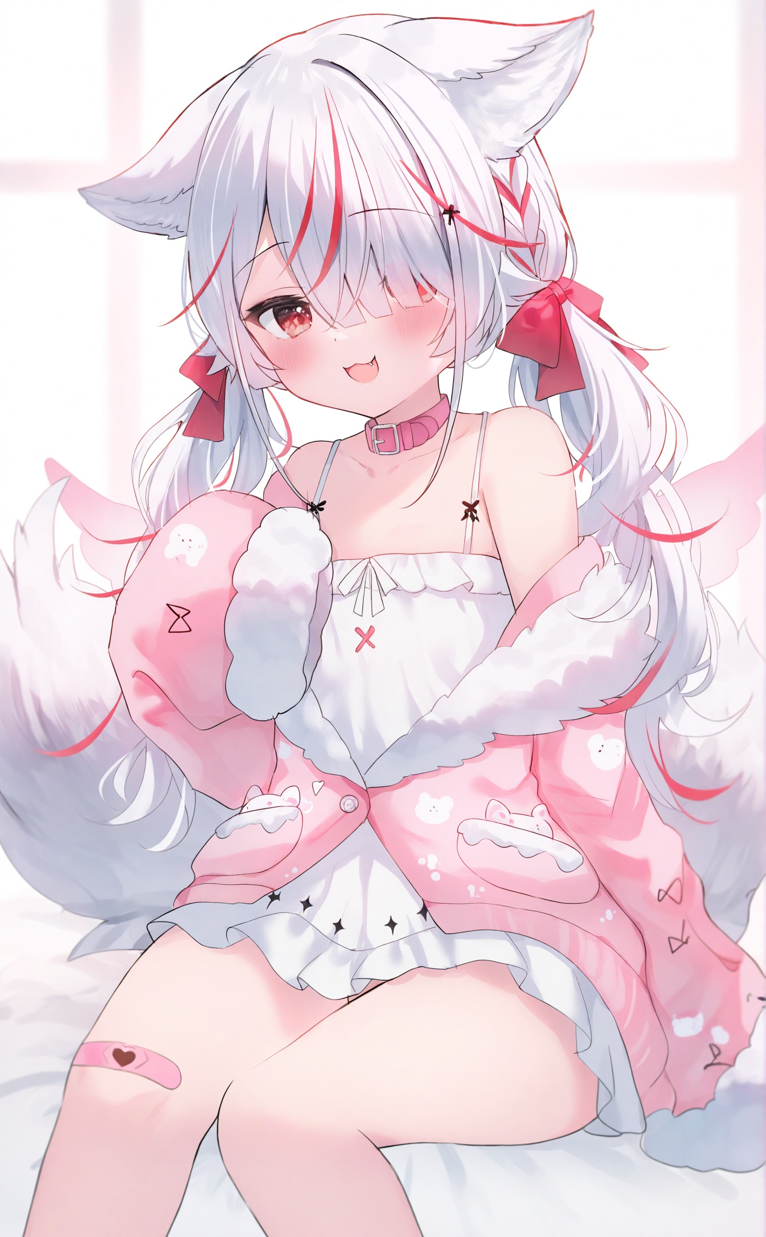1girl, virtual youtuber, animal ears, streaked hair, bandaid on leg, tail, fur trim, hair over one eye, jacket, bandaid, pink jacket, red eyes, collar, white hair, multicolored hair, solo, red hair, twintails, red collar, sleeves past wrists, fur-trimmed jacket, dress, sitting, long hair, smile, long sleeves, sleeves past fingers, white dress, bandaid on knee, pink collar, hair bow, bow, open mouth, fox tail, hair ornament, looking at viewer, off shoulder, fang, fox ears, animal collar, fur-trimmed sleeves, :d, blush, low twintails, red bow, fox girl, feet out of frame, :3, frilled jacket, wings, fluffy, bare shoulders, braid, <lora:rucaco-000038:1>