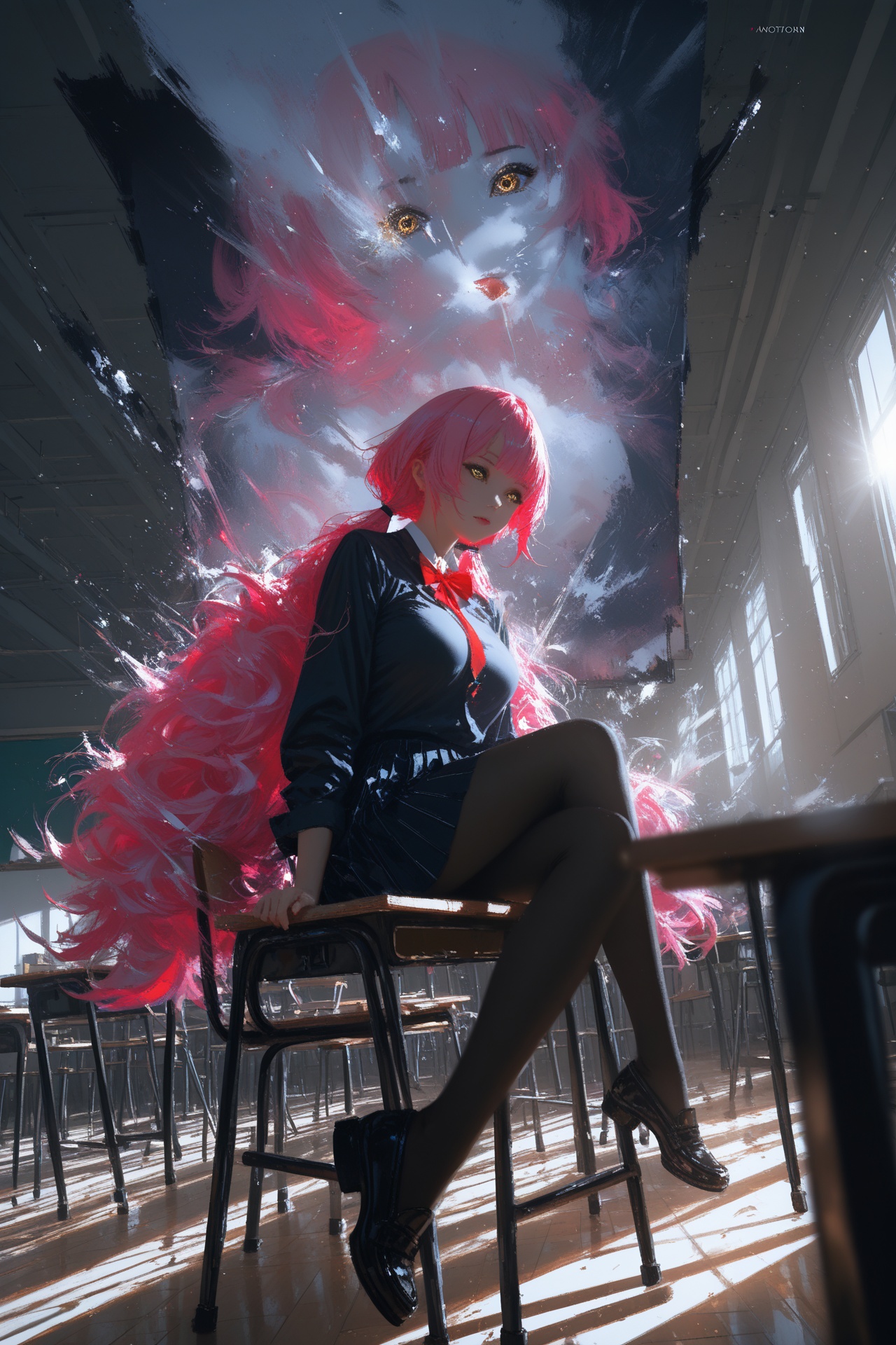 masterpiece,best quality,amazing quality,very aesthetic,absurdres,newest,extreme aesthetic,in the style of fashion photography,light particles,cinematic lighting,Visual impact,sharp focus,Emotionalization,depth of field,dutch angle,scenery,(yoneyama mai:0.5),(quasarcake:0.4),(wlop:0.3),painting \(medium\),(flat color),1girl,large_breasts,black_pantyhose,pink_hair,lowtwintail,big_hair,gold_eyes,school_uniform,classroom,amazing colors,girl sitting on a chair,leaning against the table,sunlight scattered on the girl's body,glittering,