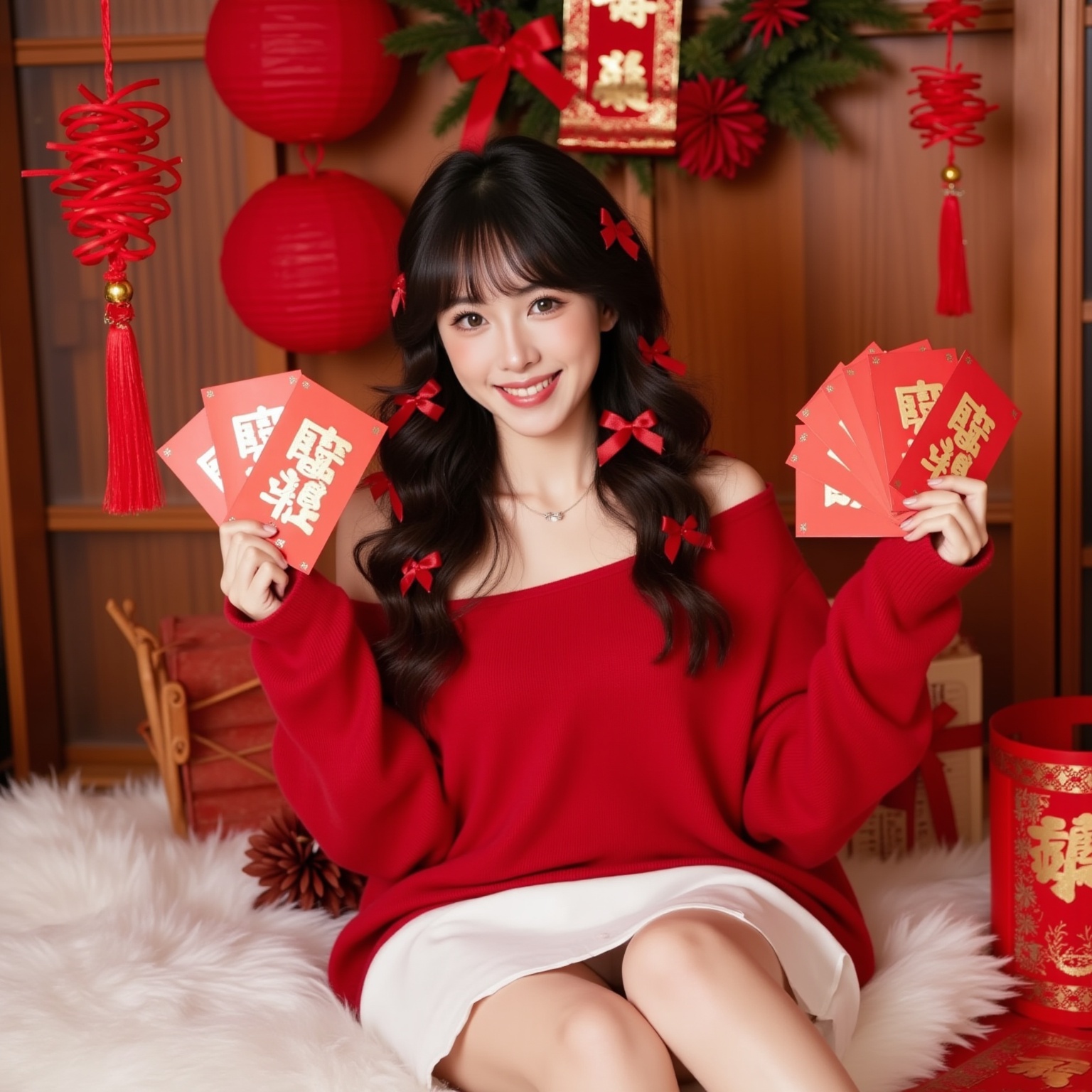 1girl,This is a vibrant photograph featuring a young Asian woman with a fair complexion and long, wavy dark hair adorned with red bows. She has a delicate, petite frame with a youthful appearance. Her outfit consists of a loose, oversized, off-the-shoulder red sweater and a white mini skirt. She is seated on a plush, faux-fur throw on a cozy, wooden surface. In her hands, she holds several red envelopes with Chinese characters, symbolizing the celebration of the Lunar New Year. The background is adorned with festive decorations, including red and gold streamers, a Christmas wreath, and a decorative red ribbon. The overall scene exudes a cheerful and festive atmosphere, with the warm, cozy setting and vibrant colors enhancing the celebratory mood. <lora:新年摄影FLUX:0.9>