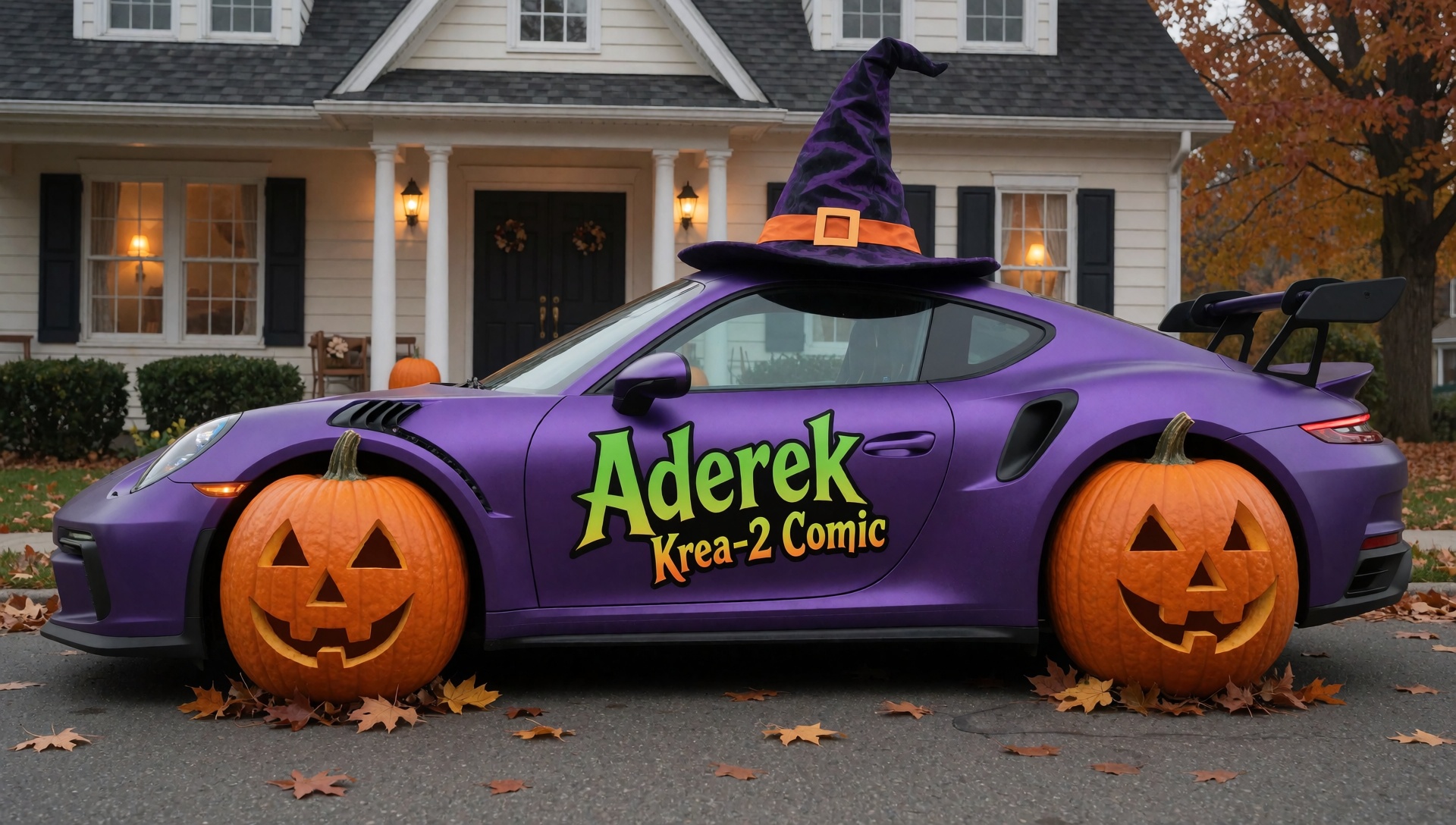 Witches sport car with pumpkin as wheels,  "Aderek Krea-2 Comic" on the door on Tensor.Art