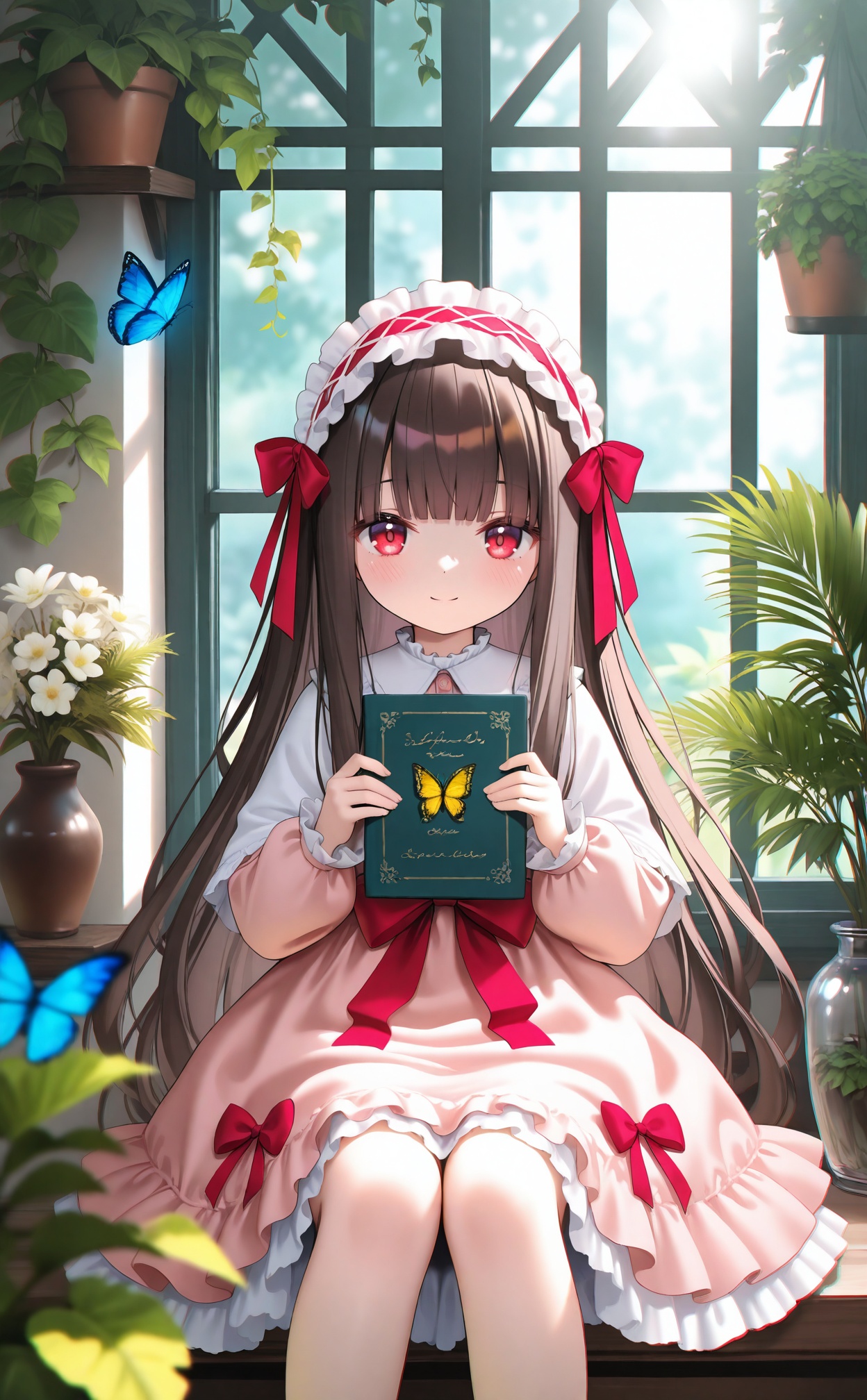 masterpiece,very aware,highres,absurdres,newest,best quality,loli,petite,high quality,chromatic_aberration,cinematic_angle,dutch angle,//,1girl,bug,book,holding,butterfly,pink dress,long hair,solo,dress,smile,holding book,plant,flower,looking at viewer,red eyes,blush,hair ornament,sitting,hairband,grey hair,long sleeves,bow,hair flower,lolita hairband,very long hair,frills,frilled dress,window,closed mouth,frilled hairband,blunt bangs,red bow,potted plant,feet out of frame,hair bow,lolita fashion,indoors,pink flower,puffy long sleeves,yellow flower,ribbon,straight-on,jar,day,red ribbon,animal,buttons,pink bow,vase,dot nose,frilled sleeves,hanging plant,split mouth,puffy sleeves,hands up,dress bow,capelet,vines,sunlight,leaf,hair ribbon,red hairband,collared dress,child,sidelocks,flower pot,yellow butterfly,virtual youtuber,frilled collar,sweet lolita,blurry,blue butterfly,fern,headdress,white flower,windowsill,brown hair,light blush