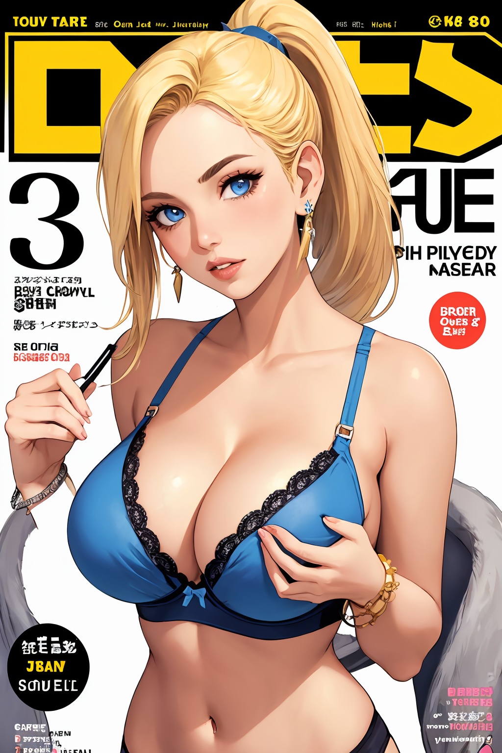 1girl,magazine cover,breasts,solo,jewelry,blonde hair,navel,earrings,bracelet,long hair,cover,ponytail,cleavage,looking at viewer,barcode,large breasts,lips,midriff,blue eyes,fake cover,high ponytail,cover page,bra,cowboy shot,bare shoulders,