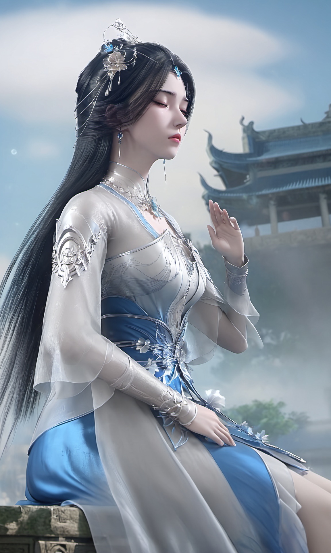 Limuwan,front view of a girl with long black hair wearing white tulle and  blue long skirt,sitting,side face,golden special effects on hands,blue sky,in the heavenly palace,highly detailed,glitter of silver,ultra-high resolutions,closing eyes,32K UHD,best quality,masterpiece,reflective,<lora:Limuwan>,