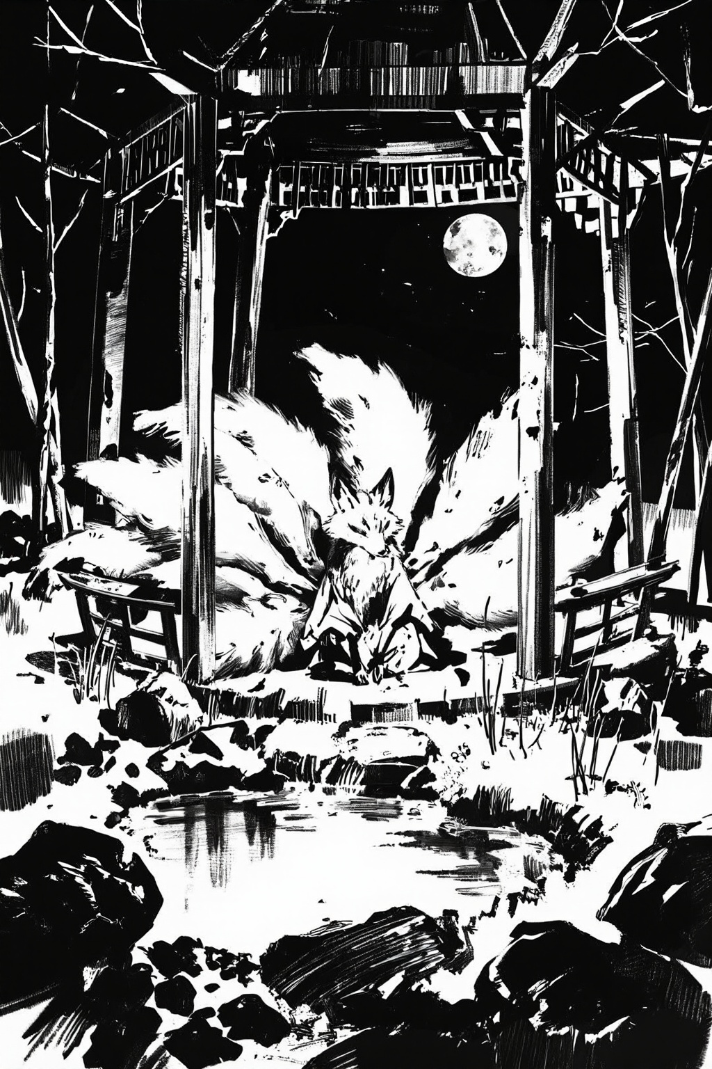 hand_sketch,black and white,art_nlhx,人形九尾狐,独坐凉亭,荒草丛生,潭水映月,