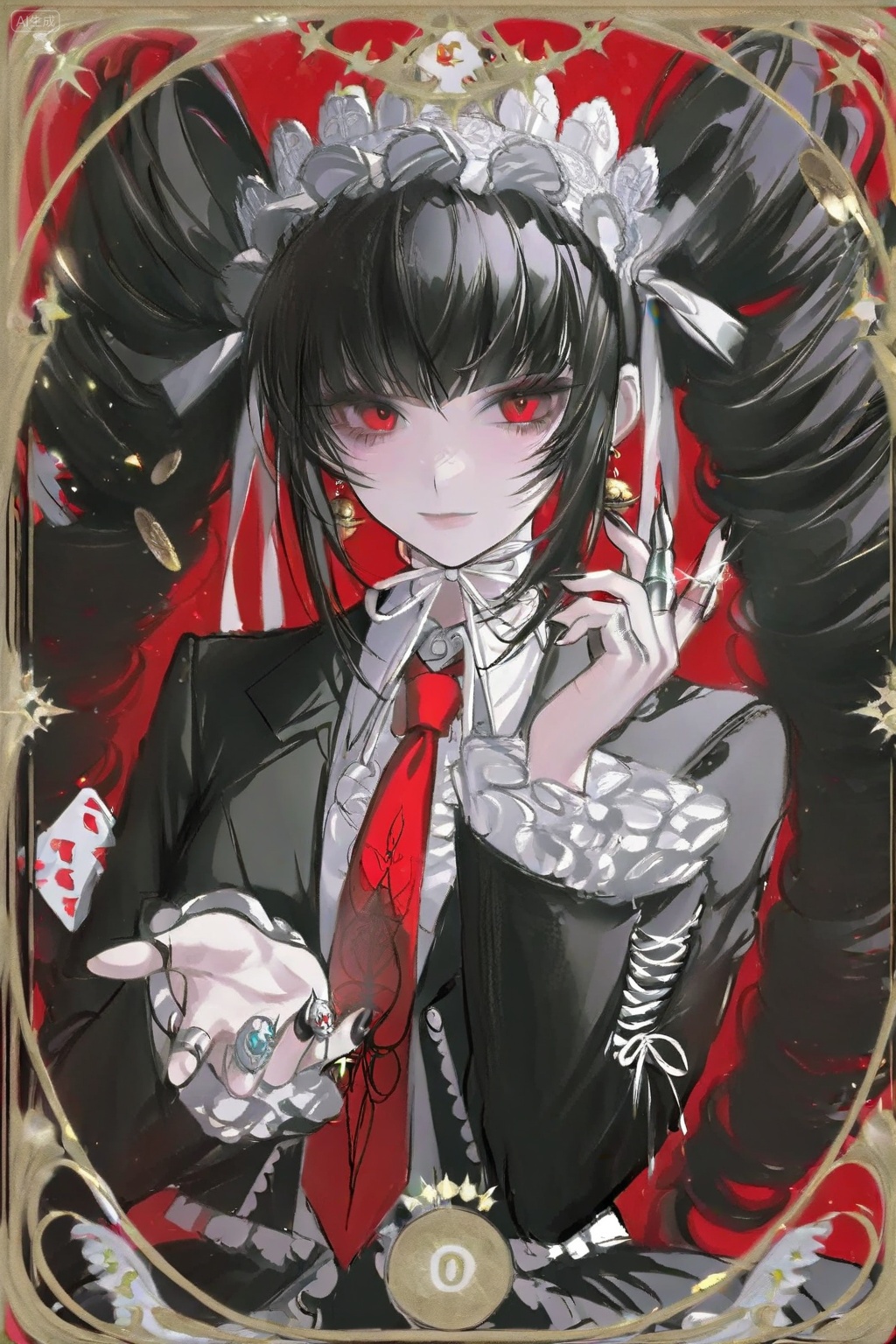 1girl, , solo, , long hair, , looking at viewer, , smile, , bangs, , shirt, , black hair, , red eyes, , long sleeves, , twintails, , jewelry, , closed mouth, , jacket, , white shirt, , upper body, , earrings, , frills, , necktie, , collared shirt, , nail polish, , black jacket, , book, , drill hair, , red necktie, , black nails, , twin drills, , lolita fashion, , card, , gothic lolita, , glass, , bonnet, , playing card, , claw ring, , celestia ludenberg, , , Negative prompt: ng_deepnegative_v1_75t,(badhandv4:1.2),EasyNegative,(worst quality:2),,nsfw, Steps: 34, Sampler: Euler a, CFG scale: 7.0, Seed: 3727793577, Size: 1024x1536, Model hash: e645ee1569, Model: Anime Model-Illustrious_v1.00.safetensors, Denoising strength: 0.0, RNG: CPU, Lora 1: 【ELK】\Re, Lora Hash 1: 4b9a8ca9dd, Lora Weight 1: 0.8, vae_name: automatic