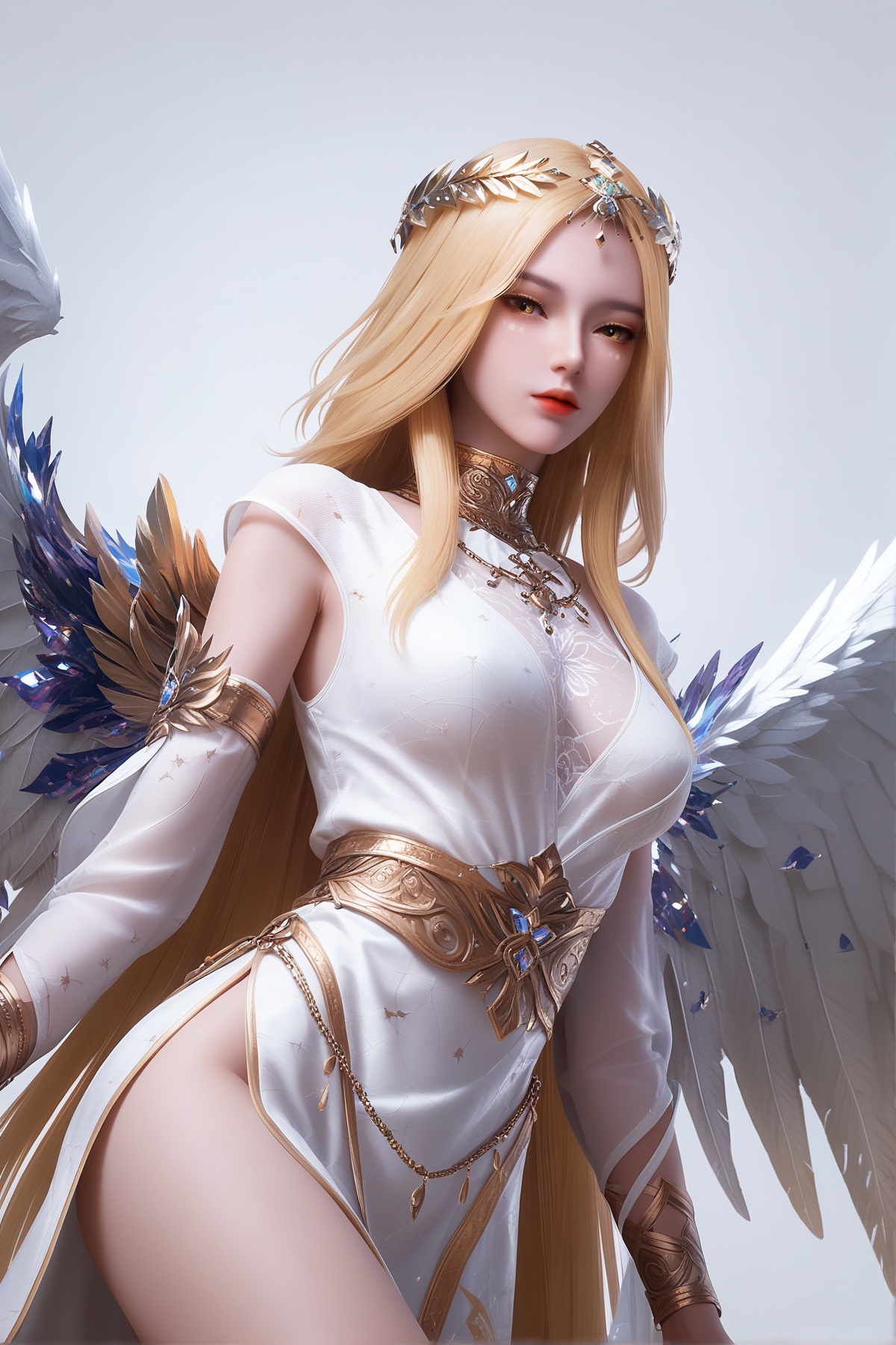 score_9,score_8_up,score_7_up,<lora:wy_yonghengtianshi_XL7.0:0.8>,1girl,long hair,breast,medium breast,hair_ornament,dress,blonde hair,yellow eyes,facial mark,white_dress,thick_thighs,simple background,white_background,wings,white wings,