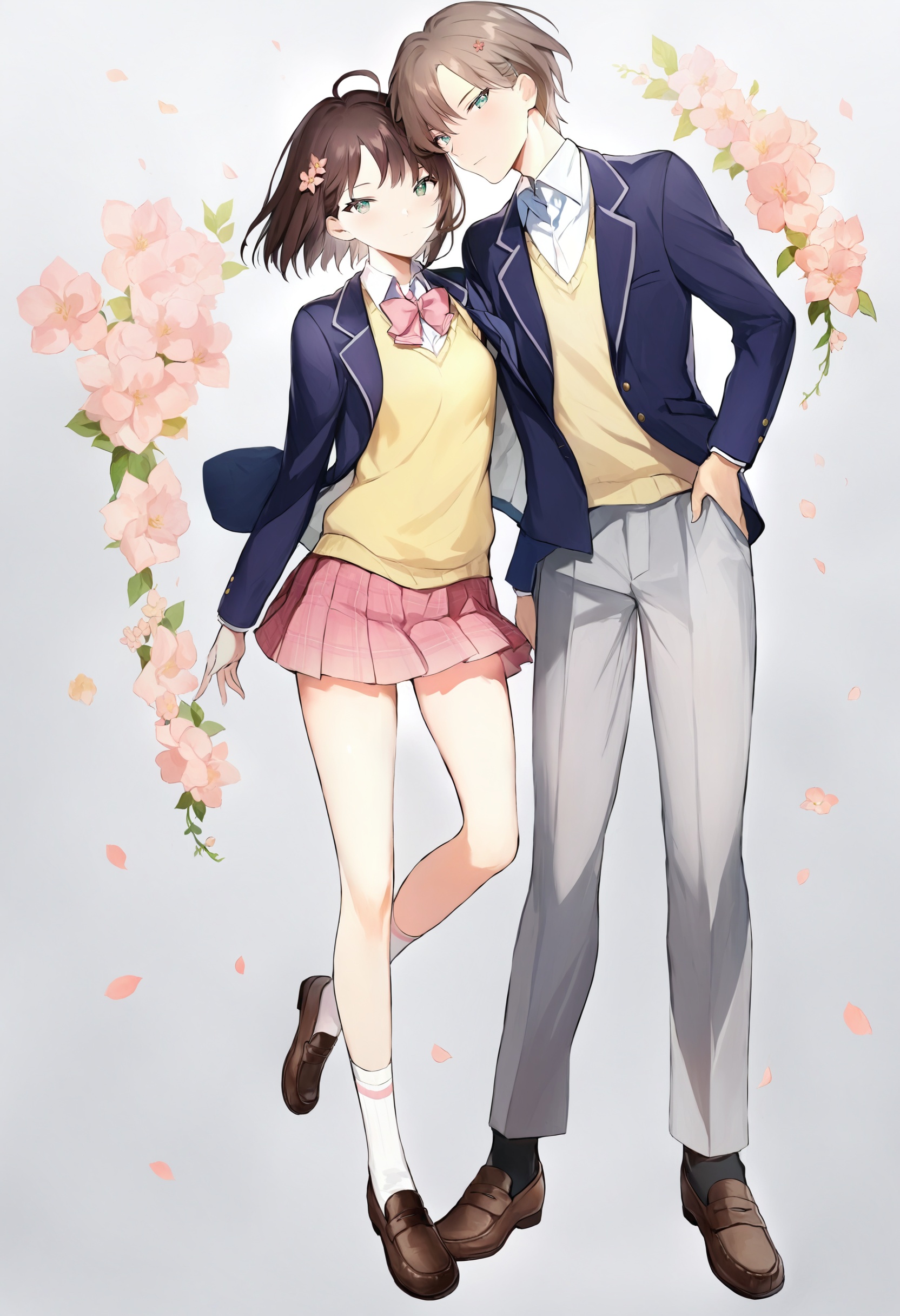 best quality, masterpiece,1girl, 1boy , skirt , brown hair , shoes, school uniform, white background , blue eyes, jacket, hair ornament, simple background , green eyes, blazer, pleated skirt, looking at viewer, ahoge, socks, full body, pants , loafers, sweater vest, short hair, brown footwear, open clothes tie, pink skirt, long sleeves, shirt, miniskirt, open jacket, flower, plaid, hair flower, bangs, pink bow ,_背景<lora:lpmyaXLlokr4f-000143:1>