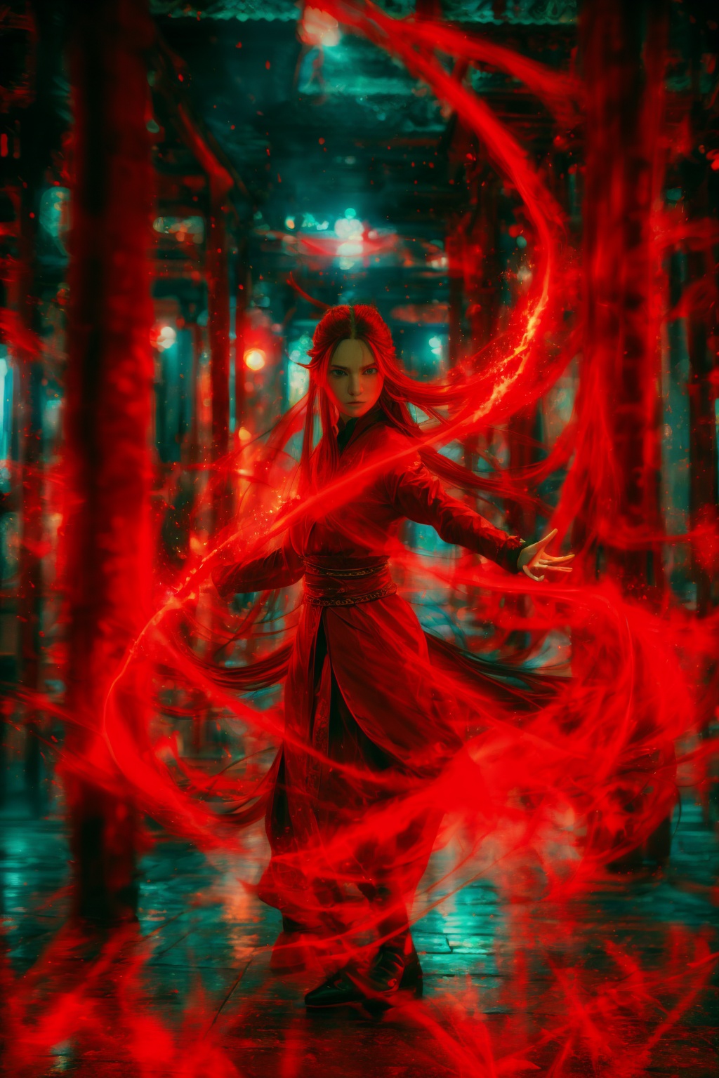 dancing,fighting stance,red-aura,using red-magic,red-magic,1girl,solo,long hair,blue eyes,common face,full body,<lora:magic_fighting_red_512_dreamshaper_8_2:0.8>,