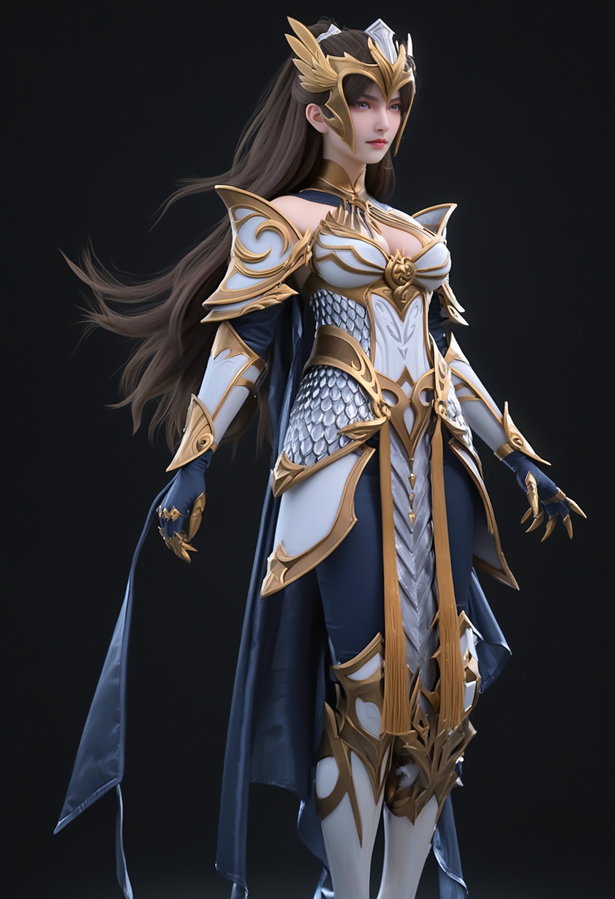 (standing full_body:1.1),score_9,score_8_up,masterpiece,(best quality),intricate details,facing viewer,(looking at viewer:1.1),<lora:YQ_pony_nvzhanshen_V4:0.8>,q1528437228,1girl,solo,long hair,armor,black hair,shoulder armor,gauntlets,brown hair,ponytail,helmet,pauldrons,armored dress,hair ornament,breastplate,gloves,gorget,purple eyes,blue eyes,dress,vambraces,boots,brown eyes,armored boots,cape,BREAK(score_9:1.2),(score_8_up:1.2),masterpiece,best quality,very aesthetic,perfect anatomy,(hourglass),perfect face,(simple background,pure black background,black background:1.1),fair_skin,(shiny_skin:1.1),Ivory_skin,