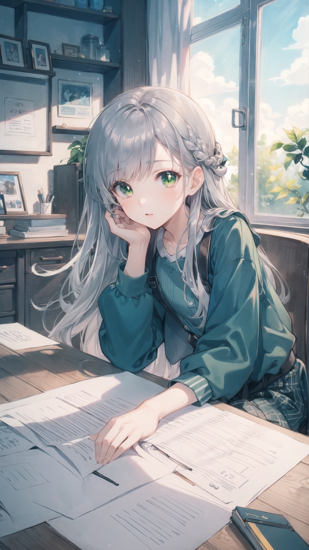 (((green, silver, shimmer)), limited color palette, contrast, extraordinary aesthetics, best quality, gorgeous artwork, (masterpiece), (best quality), (ultra-detailed), ((illustration))),(extremely delicate and beautiful)),(detailed light),Office,desk,office documents on desk,windows,curtains,sunlight through windows,Tyndall light,Sit behind a desk in front of the window and sleep on your tummy 1 girl,warm theme,solo,watercolor theme,gray hair,long hair,wink,dress,shut up,bust,sitting at desk with one hand supporting head,flat color,norlin art,glass ball,small fish ****,braid,wink,bust (sculpture),constellation,flat color,male focus,office,cozy animation scenes,