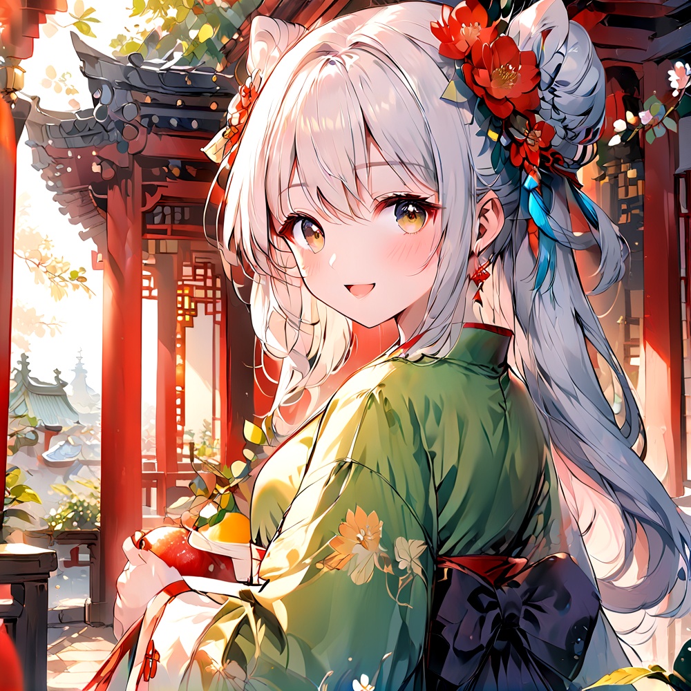 Hanfu,O,1girl, stairs, solo, long hair, hair ornament, food, hair flower, looking at viewer, flower, smile, holding, hair bun, fruit, double bun, looking back, open mouth, holding food, brown eyes, bangs, white hair, blush, long sleeves, hair between eyes, :d, architecture, from behind, east asian architecture, wide sleeves, holding fruit, leaf, tassel, red flower, upper body