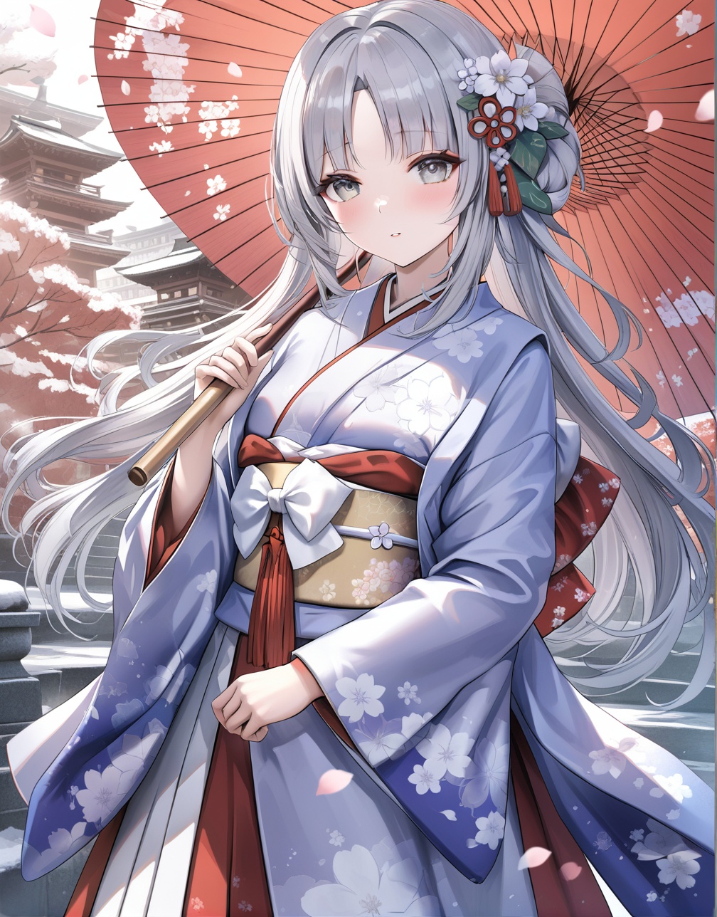 0,jw,Torino,Noyu,1girl, umbrella, flower, solo, long hair, hair ornament, holding umbrella, japanese clothes, holding, oil-paper umbrella, parted bangs, petals, grey eyes, bangs, white flower, kimono, wide sleeves, white hair, long sleeves, bow, blush, grey hair,(UHD),anatomically correct,accurate,textured skin,super detail,high details,award-winning,best quality,high quality,retina,16k,HD,1080P,8k,