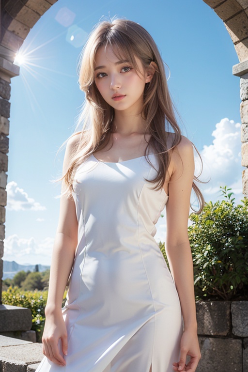 masterpiece,ultra high res,realistic,finely detail,extremely detailed,1girl,long hair,messy hair,white hair,looking at viewer,pure color background,film grain,film overlay,morning glow,pastel sky,cool tones,sun rays,soft light,dress,