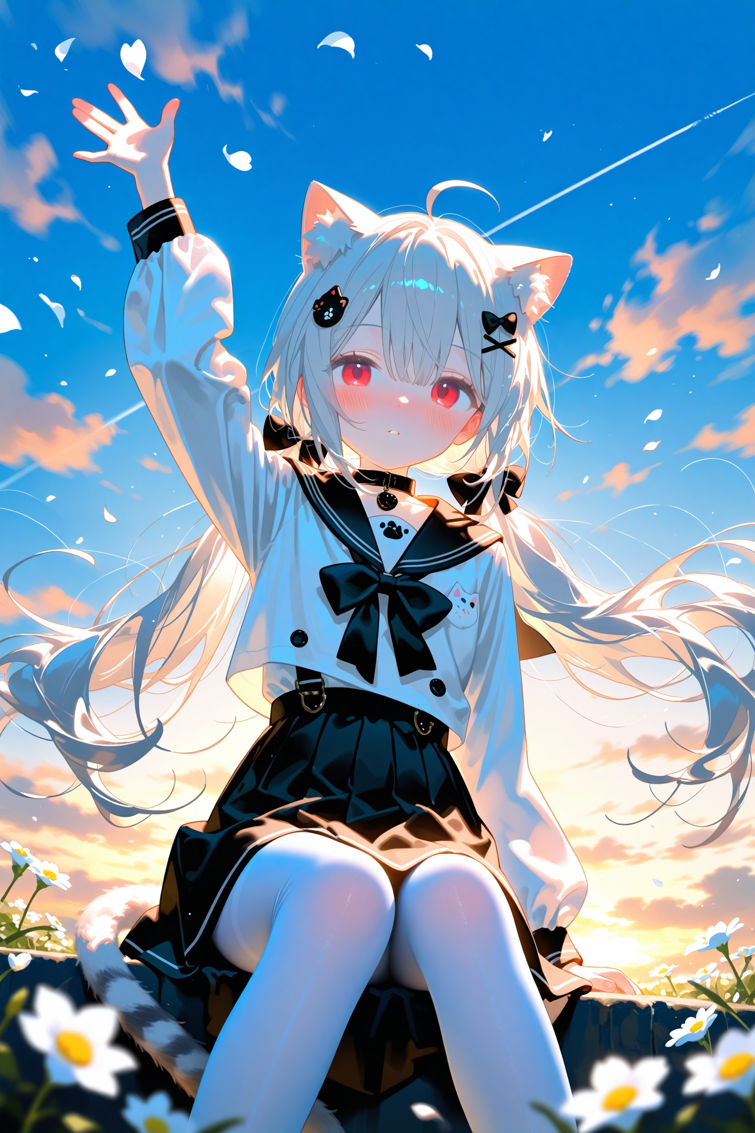 konya loli 1girl skirt cat solo shirt animal ears outdoors long hair white shirt sky hair ornament cloud red eyes day black skirt long sleeves bangs twintails x hair ornament white pantyhose animal ear fluff blush bow cat ears blue sky pantyhose sailor collar very long hair closed mouth black sailor collar black bow hand up white hair high-waist skirt hair between eyes blurry foreground sitting collar cat girl petals animal bowtie black collar white cat flower low twintails looking at viewer grey hair floating hair cloudy sky feet out of frame pleated skirt blurry tail black bowtie wind small breasts cat hair ornament parted lips puffy long sleeves cat tail school uniform choker depth of field breasts from below hair bow contrail looking away suspender skirt puffy sleeves serafuku looking at animal buttons ahoge arm up mutated hands poorly drawn hands mutated hand and finger fused fingers too many fingers missing fingers,