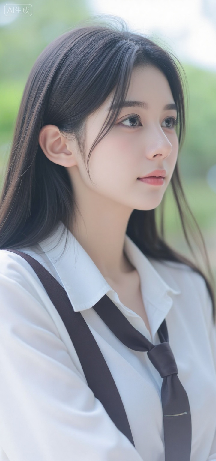 A close-up of a beautiful woman's face,A high-resolution photograph captures a young woman with long,straight black hair,styled loosely,with a few strands blowing. She wears a white blouse and a dark tie,looking to her right with a serene expression. Soft natural lighting highlights her delicate features. The background is blurred,creating a shallow depth of field. The image uses the rule of thirds,focusing on her profile.,, Negative prompt: ng_deepnegative_v1_75t,(badhandv4:1.2),EasyNegative,(worst quality:2),,nsfw, Steps: 20, Sampler: Euler, CFG scale: 3.5, Seed: 564671894, Size: 720x1536, Model hash: 49fe535dad, Model: 星梦·电影&电视剧_Film_fp8.safetensors, Denoising strength: 0, RNG: CPU, Lora 1: F.1极致摄影-逼真人像, Lora Hash 1: 4f75f140d1, Lora Weight 1: 0.8, vae_name: automatic