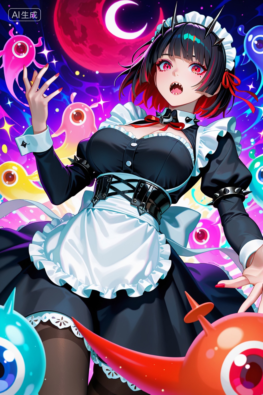 hh,digital anime-style illustration, of a young woman with short black hair with red highlights, wearing a detailed maid outfit with a frilled white apron, black dress, and black and white headpiece with spikes, red eyes, and a slightly open mouth with sharp teeth showing, she is holding out her right hand with long red nails, surrounded by colorful, glowing, abstract shapes and symbols in the background, including pink exclamation marks, blue and green orbs, and a crescent moon, her expression is intense and focused, the background is a gradient of light blue and white, the image has a dynamic and energetic feel, high contrast, detailed shading, and vibrant colors, the maid outfit includes a black corset with white lace trim and a red ribbon, the character has a slender build with medium-sized breasts, the style is reminiscent of modern anime and manga art, with a mix of fantasy and magical elements, the overall composition is balanced with the character centered and the colorful elements creating a sense of movement and excitement, the image has a high level of detail and a polished finish, the artist used a combination of sharp lines and soft gradients to create depth and dimension, the characters eyes are sharp and expressive, the maid outfit has a gothic and fantasy-inspired design., Negative prompt: low quality,blurry,bad anatomy,disfigured,poorly-drawn face,abnormal body proportions,extra limbs,watermark,signature,(worst quality:1.6),(low quality:1.6),(normal quality:1.6),(watermark:1.2),(bad anatomy:1.2),(bad fingers,:1.8),(signature:1.2),error,worst quality,low quality,sketches,lowres,monochrome,grayscale,worstquality,text,logo,cropped,bad proportions,out of focus,username,bad body,long body,long neck,deformed,bad hands,mutated hands and fingers,malformed hands,poorly drawn hands,mutated hands,too many fingers,extra limb,,nsfw, Steps: 30, Sampler: Euler a, CFG scale: 7.0, Seed: 3579997265, Size: 1024x1536, Model hash: e24e9cdf73, Model: 星美XM-ILL-3DCG-V1.0_1.safetensors, Denoising strength: 0, RNG: CPU, Lora 1: ereyutyiuyo, Lora Hash 1: cfcc851c28, Lora Weight 1: 0.8, vae_name: automatic