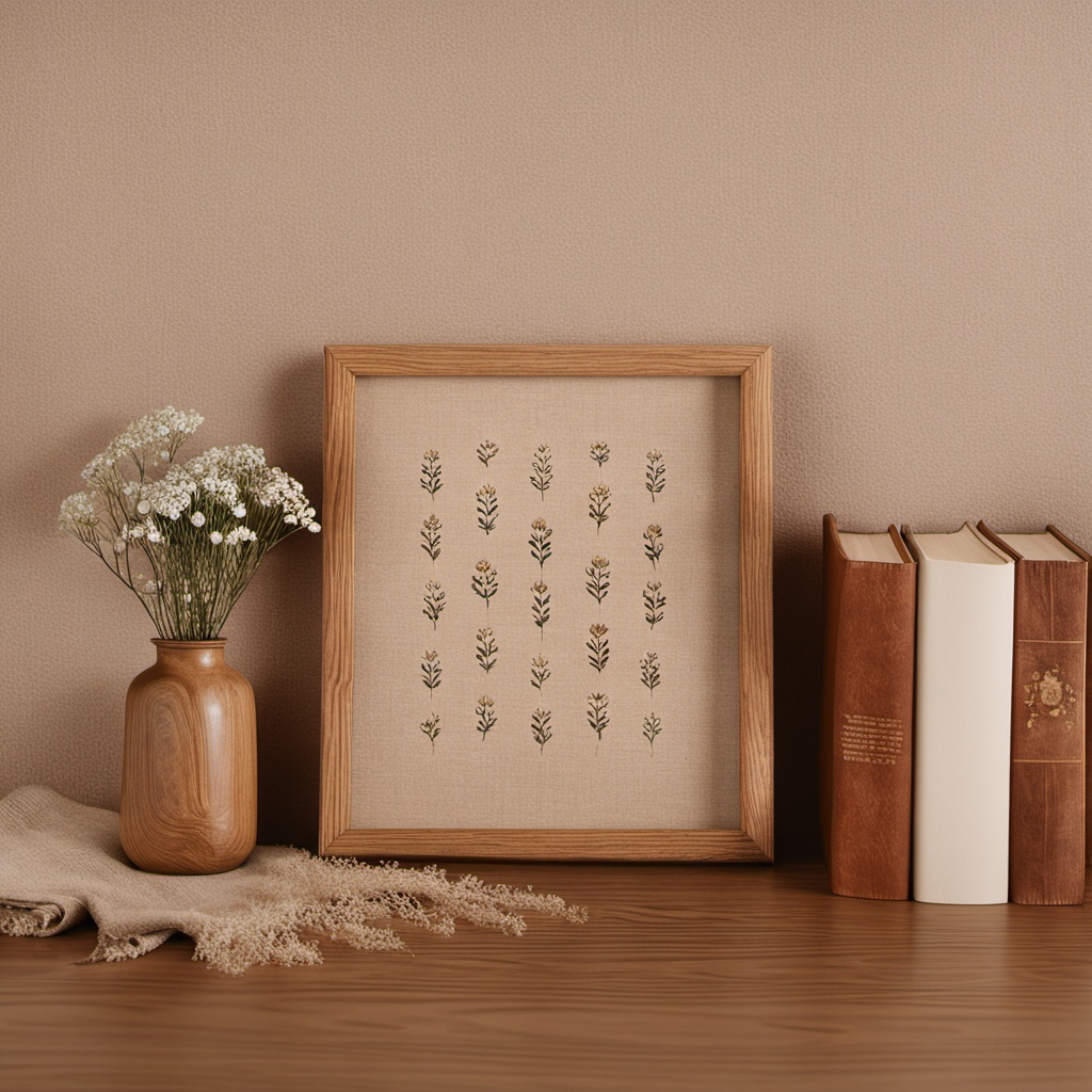 shuzhuo,The picture shows an indoor still life scene. In the center is a wooden photo frame,with a light colored wooden tabletop below it,adorned with a bouquet of white flowers and a piece of linen. On the right is a row of books arranged neatly. The entire picture gives a warm,minimalist,and artistic atmosphere.,<lora:sanjing-XL:0.8>,
