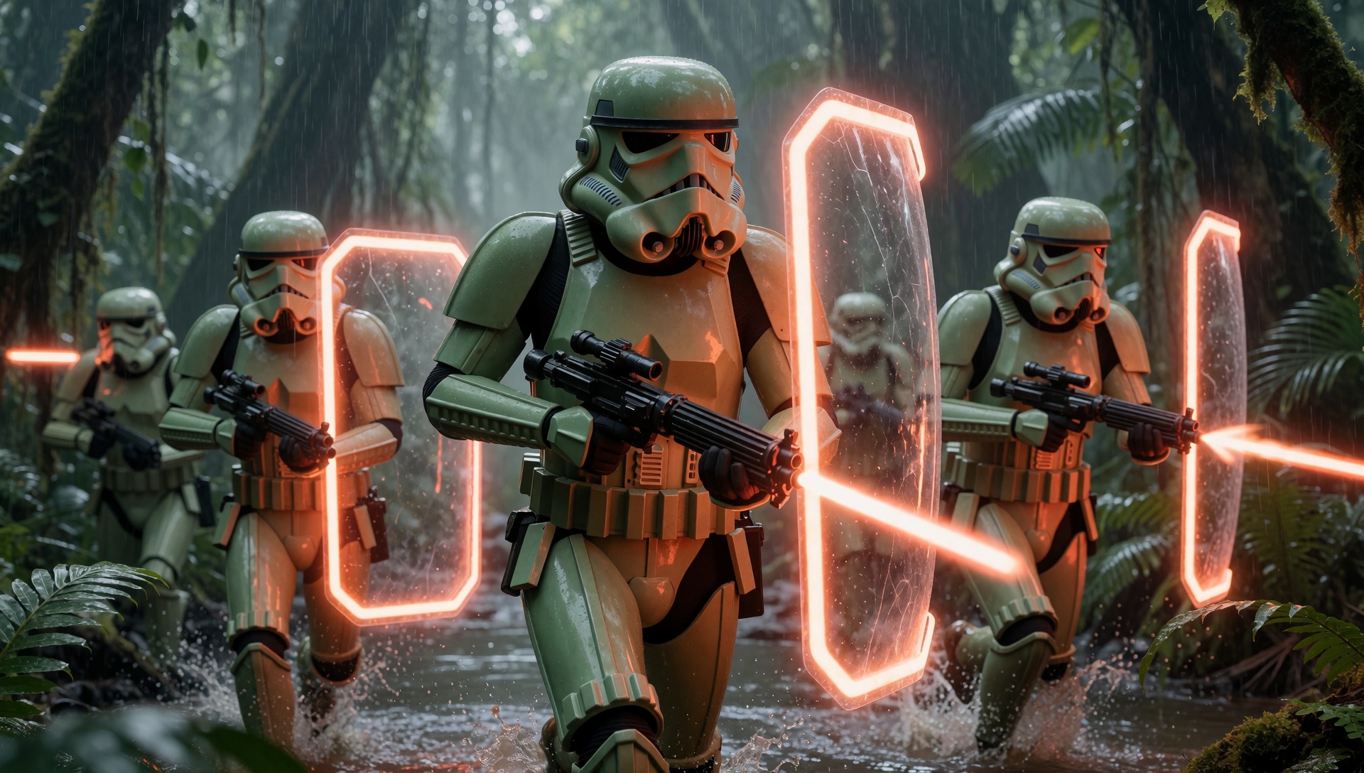 StormTrooperFlux,  The image depicts a group of stormtroopers in green hazel dust mood paint uniforms engaged in combat. T...