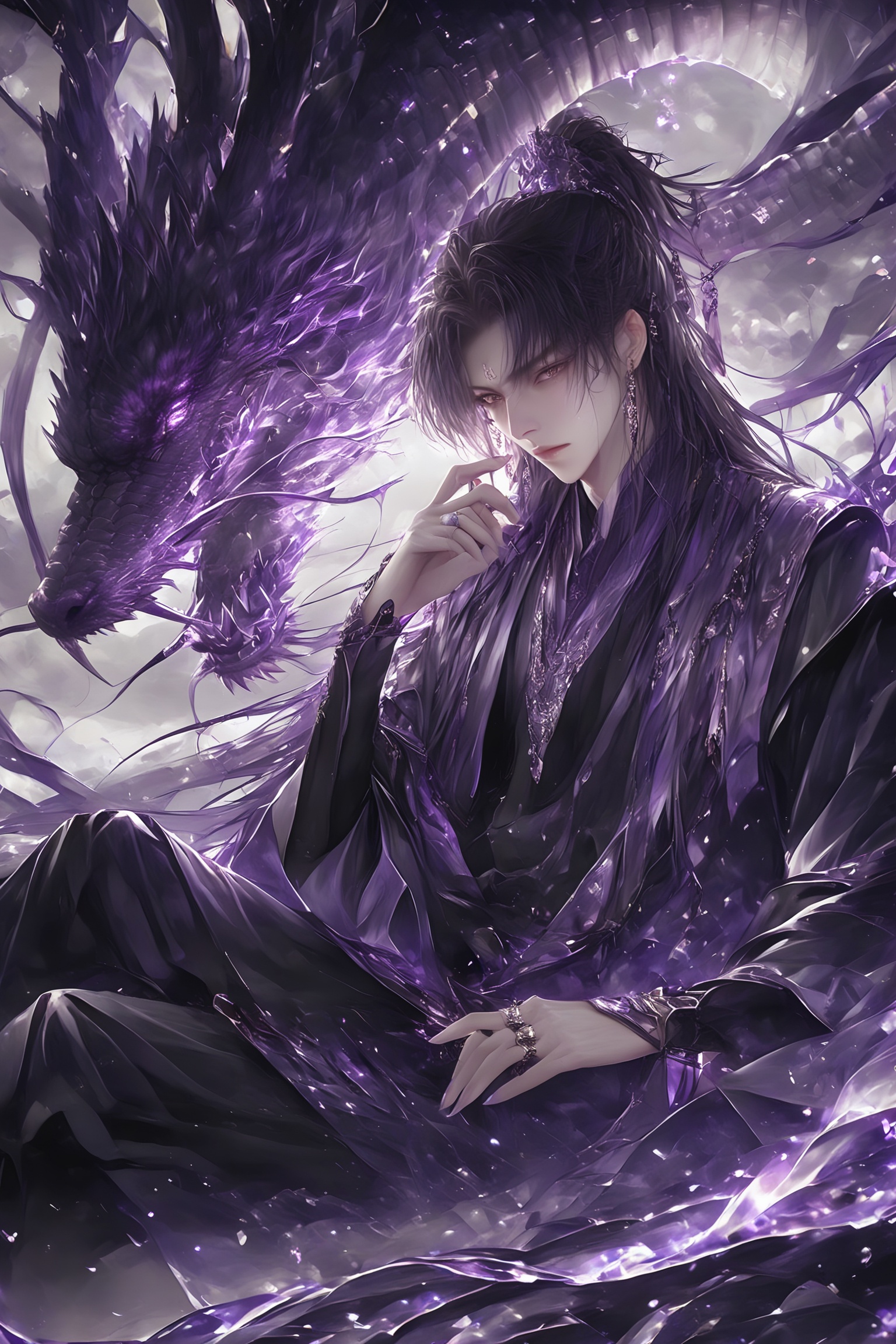 renzu,The image depicts a person dressed in dark, elegant attire adorned with intricate patterns and accessories, sitting in a serene and mystical environment. Surrounding them is a vibrant, glowing dragon with a predominantly purple hue, exuding an aura of power and magic. The background is filled with swirling, ethereal light and floating particles, enhancing the enchanting atmosphere. The overall scene conveys a sense of otherworldly beauty and tranquility.