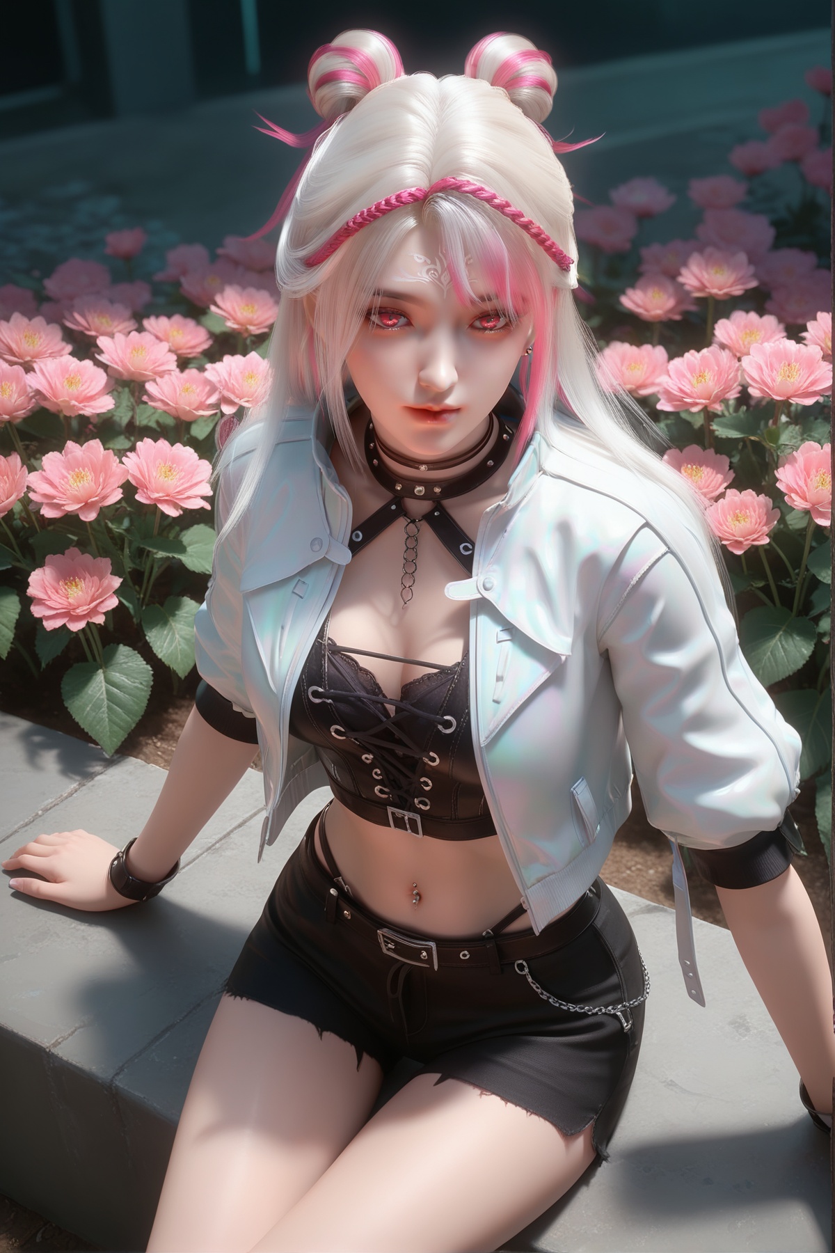 score_9,score_8_up,score_7_up,<lora:wy_xiaocheng_XL7.0:0.8>,1girl,long hair,breast,medium breasts,earrings,hair_ornament,dress,pink eyes,thick_thighs,flower,many flowers,very many flowers,wetting,dark,sitting,on_ground,from_above,multicolored hair,jacket,pink hair,navel,navel piercing,white hair,midriff,streaked hair,cropped jacket,shorts,black pants,open jacket,open clothes,white jacket,crop top,hair bun,choker,forehead mark,