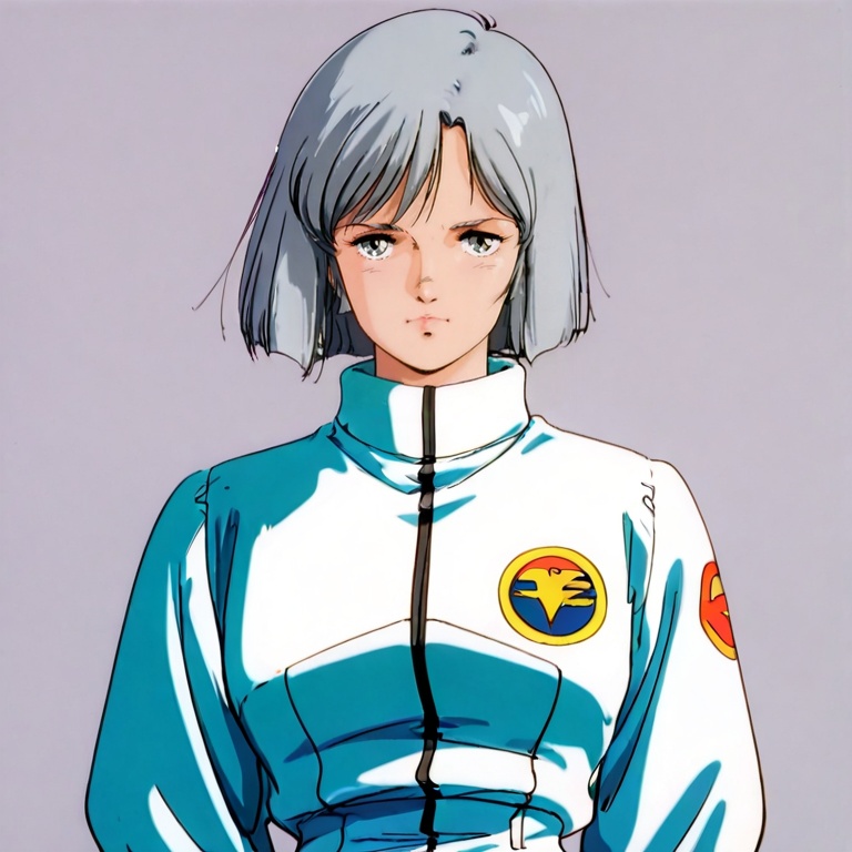 masterpiece, best quality,solo,(grey background:1.2),simple background,1girl,looking at viewer,  retro artstyle, anime_style, gundam_0080_style, 1980s \(style\)<lora:UC0080口袋战争ill:0.8>