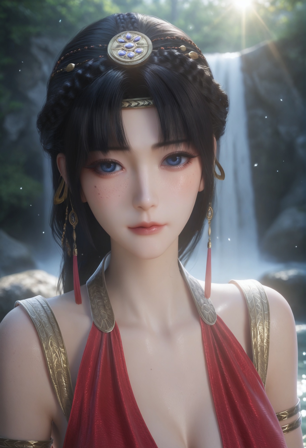 (score_9),upper body,<lora:研丽-Apony:0.83>,yanli,solo,black hair,braid,hair ornament,armlet,freckles,blue eyes,bangs,sleeveless dress,looking at viewer,1girl,skinny,mature,glamor,collarbone,large breasts,outdoors,waterfall,light rays,light particles,softened light,<lora:perfect-eyes:0.8>,<lora:e色温:0.5>,<lora:Expressive_H:0.8>,<lora:e肤色滑块:0.5>,<lora:SkinRealityOrg_ponyv6_loraplus:0.2>,real skin,