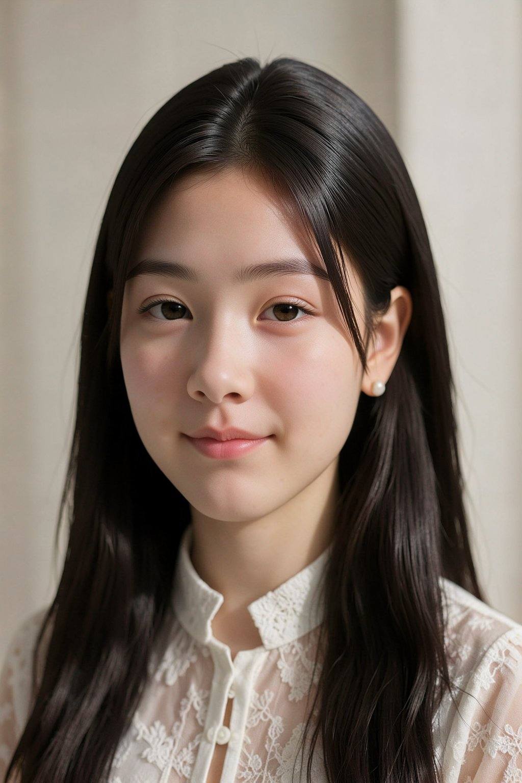 A photograph of a young Asian woman with fair skin and long,  straight black hair. She has delicate features,  wearing a w...