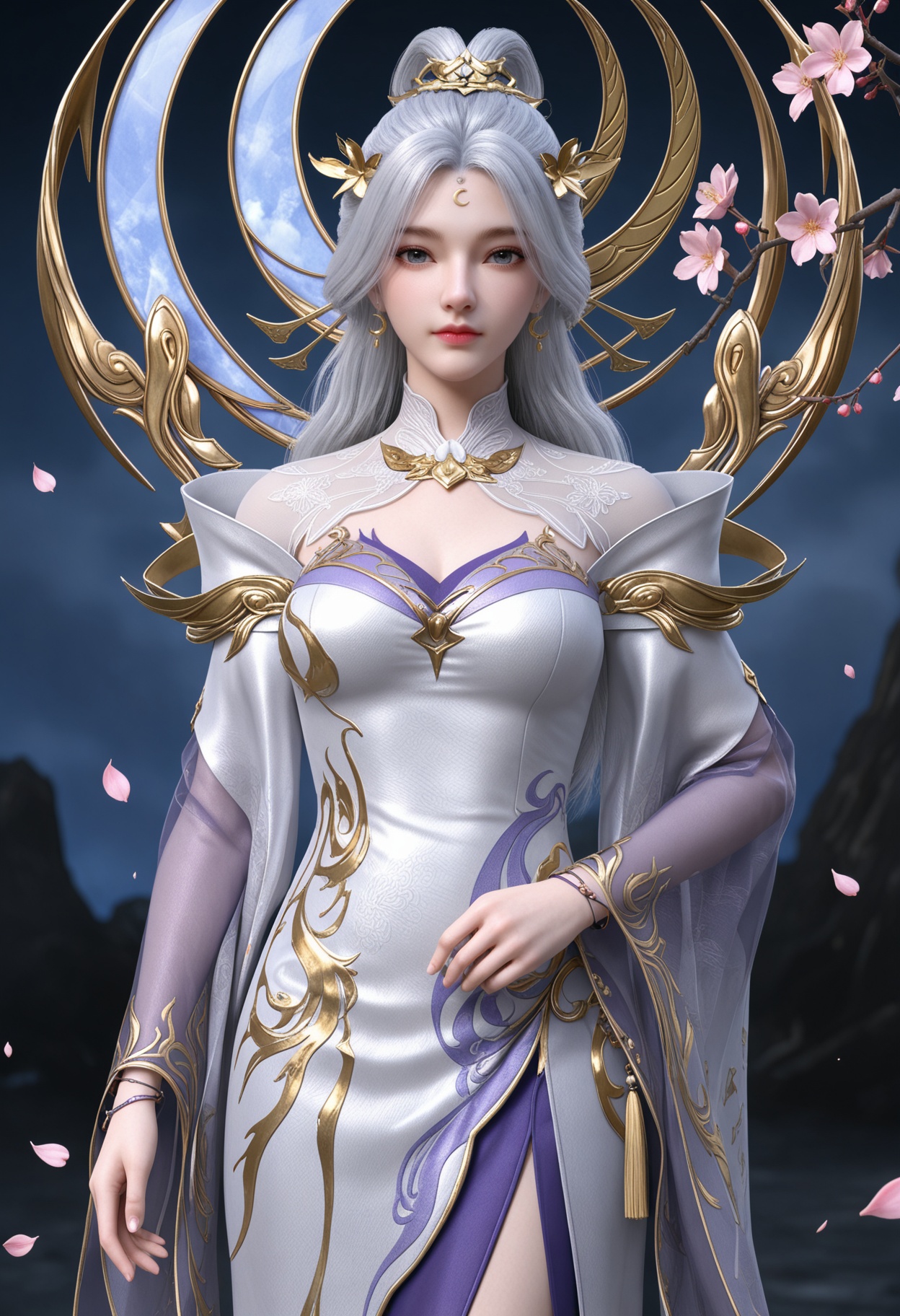 (cowboy shot:1.2),(looking at viewer:1.1),masterpiece,(best quality),smog,Dark room,dim lighting,peach blossom,falling petals,<lora:YQ_Illustrious光辉v5_月神_仙武传_V1:0.8>,q1528437228,1girl,solo,long hair,hair ornament,jewelry,white hair,forehead mark,earrings,dress,white dress,blue eyes,grey hair,crescent earrings,long sleeves,grey eyes,high heels,white footwear,hair bun,flower,wide sleeves,pantyhose,shoes,bracelet,side slit,