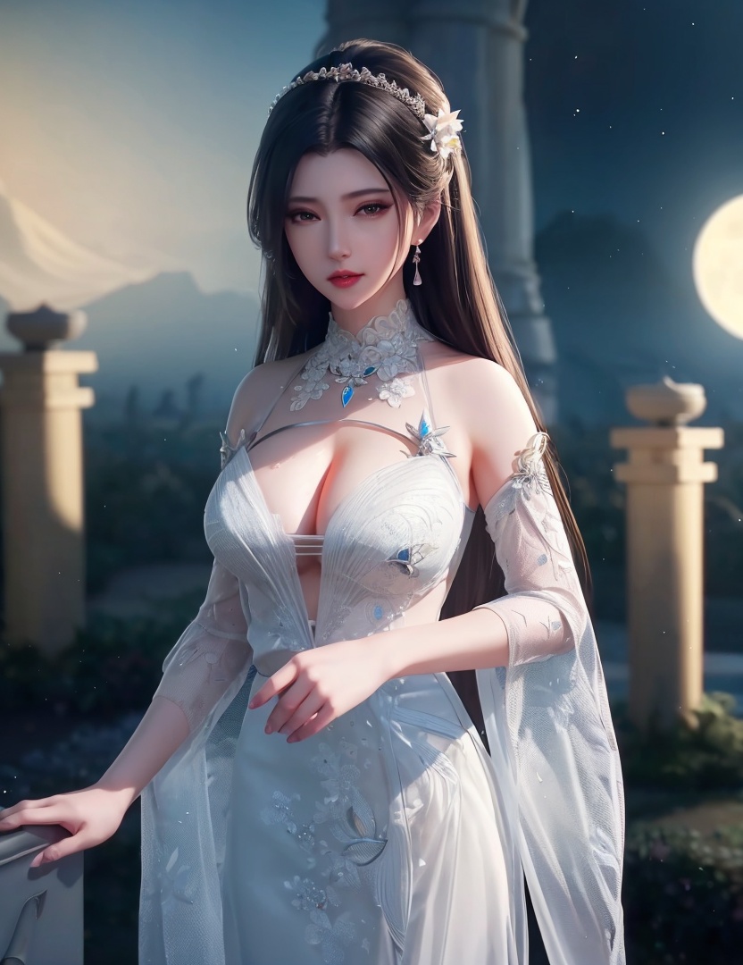 <lora:520-DA-诛仙CG-陆雪琪:0.8>(,1girl, ,best quality, ),looking at viewer,  ,,ultra detailed background,ultra detailed background,ultra realistic 8k cg, ,masterpiece, (( , )),, realistic,science fiction,mole, ultra realistic 8k cg, ,     ,crescent moon, jasmine \(flower\),     (cleavage), (),