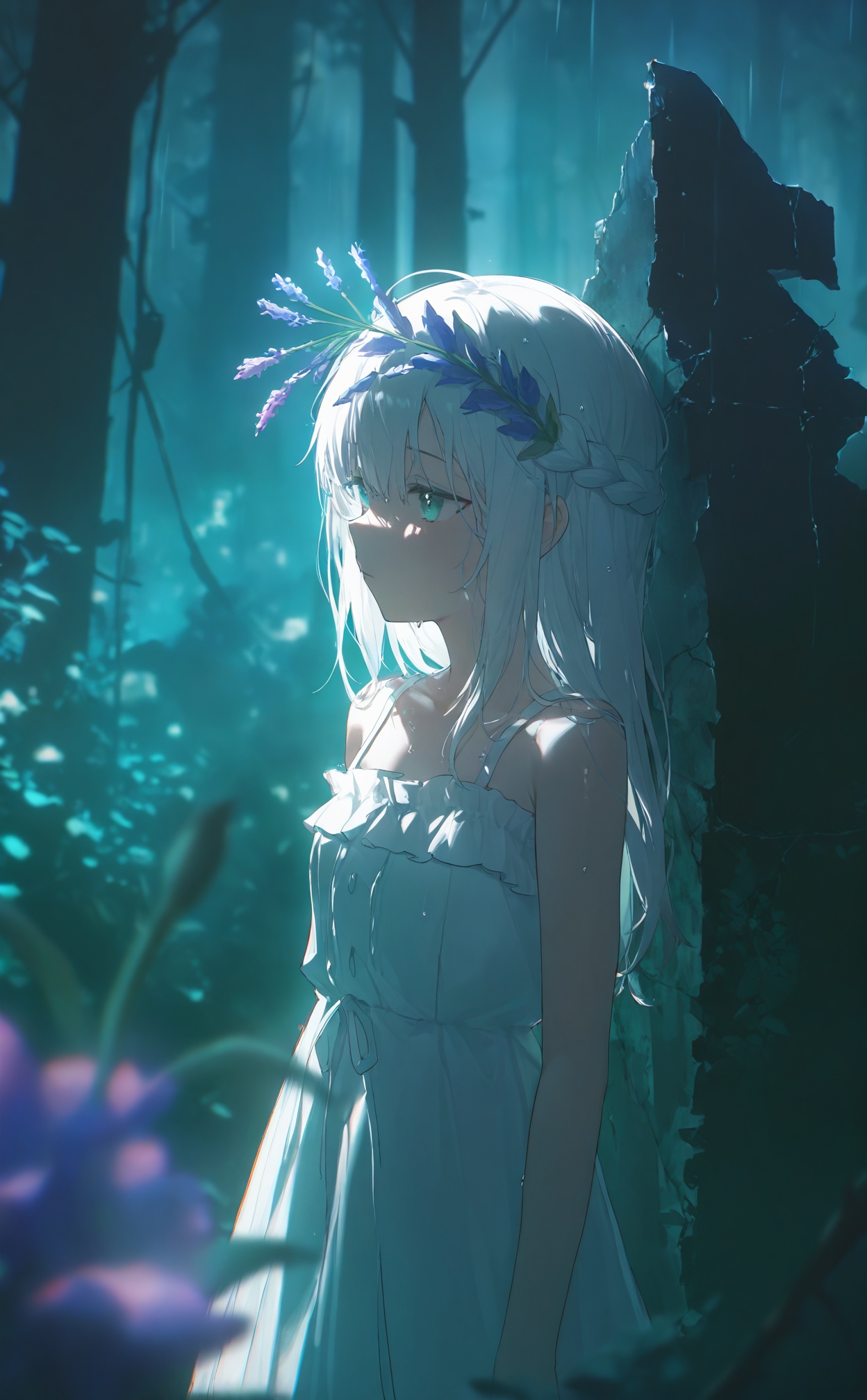 masterpiece,highres,absurdres,newest,best quality,high quality,loli,petite,chromatic_aberration,//,illustration,ultra detailed,hdr,Depth of field,(colorful),bust,late at night,dark,light rain,dark,contrast,phenomenal aesthetic,(detailed light),light rain,dark,(((Cornflower))),cornflower,cornflower,vines,forest,ruins,Blurred picture,lens flare,hdr,Tyndall effect,damp,wet,1girl,bare shoulders,broken glass,broken wall,aqua theme,white hair,white dress,closed mouth,braid,white dress,standing,solo,//,<lora:konya_karasue2——【noob】hans-000140:0.6>,