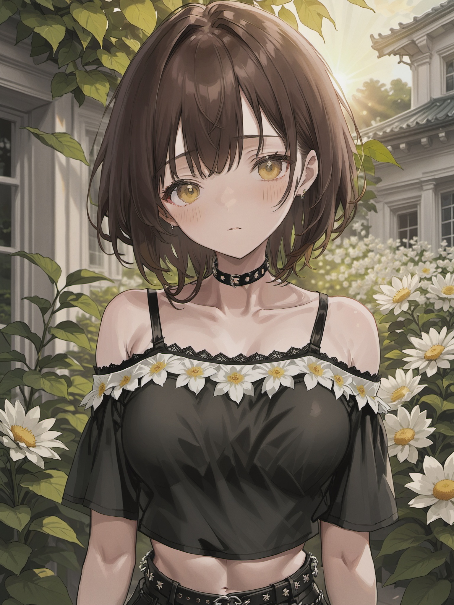 depth of field,masterpiece,best quality,1girl,solo,brown hair,looking at viewer,yellow eyes,upper body,black shirt,breasts,off-shoulder shirt,a lot of white flowers,leaf,blurry foreground,choker,sunlight,<lora:yishi_style_v7:0.75>,