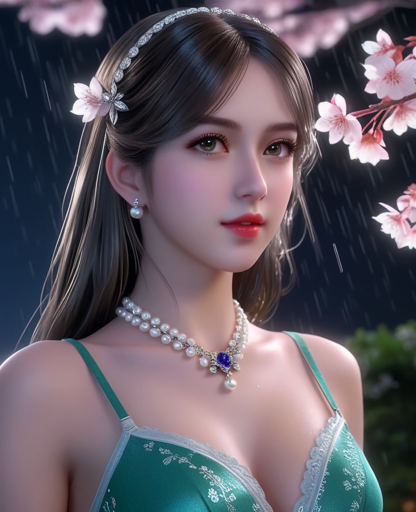 <lora:652-DA-斗罗大陆-宁荣荣:0.8>(,1girl, ,best quality, ),looking at viewer, ,ultra detailed 8k cg, ultra detailed background,  ultra realistic 8k cg,          cinematic lighting, cinematic bloom, (( , )),,  , unreal, science fiction,  luxury, jewelry, diamond, pearl, gem, sapphire, ruby, emerald, intricate detail, delicate pattern, charming, alluring, seductive, erotic, enchanting, hair ornament, necklace, earrings, bracelet, armlet,halo,masterpiece, (( , )),,  ,cherry blossoms,(((, night,night sky,,  ultra high res, (photorealistic:1.4), raw photo, 1girl, , rain, sweat, ,wet, )))(( , ))   (cleavage), (),