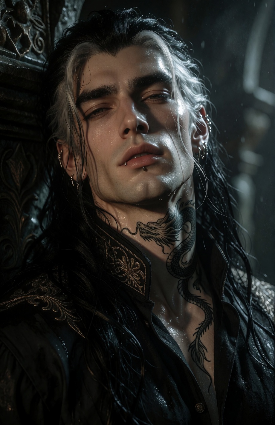 A strikingly handsome,  masculine ***** man with long,  wet black hair streaked naturally with stark silver-white strands...