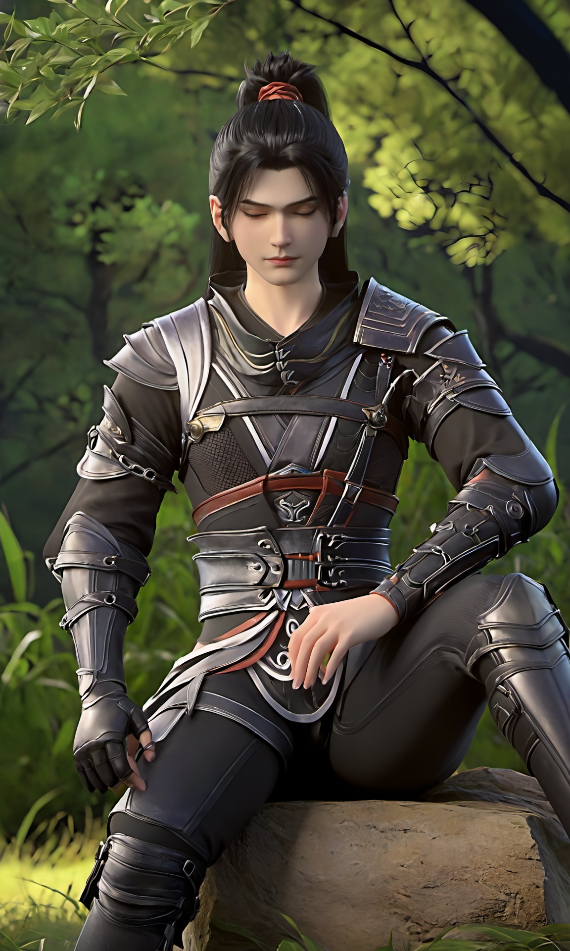 professional 3d model (Sean:1.2),(front view of Sean with long black hair in a high ponytail wearing a Black Hunter-Suit:1.2),sitting on the ground,(male:1.5),closing his eyes,green forest in the background,<lora:DPCQ-2P-Sean&Fuqia>,soft light, . octane render, highly detailed, volumetric, dramatic lighting